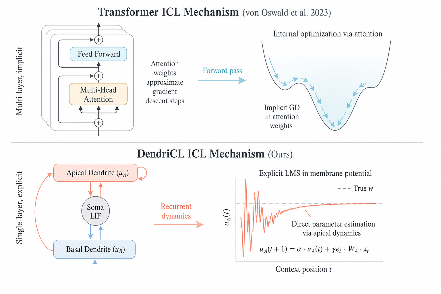 Figure 8: Contrasting ICL mechanisms. Top: Transformer ICL per von Oswald et al. 2023 — multiple attention layers collectively approximate gradient-descent steps on the attention-weight surface; the learning algorithm is implicit. Bottom: DendriCL ICL — a single compartmental unit runs an explicit online LMS recurrence in the apical membrane potential; the learning algorithm is structurally embedded in the architecture and identifiable via linear probe. The apical \equiv online LMS correspondence provides a mechanistically transparent bridge between ML ICL theory (Widrow-Hoff 1960) and biological compartmental neuroscience (Larkum 2013).