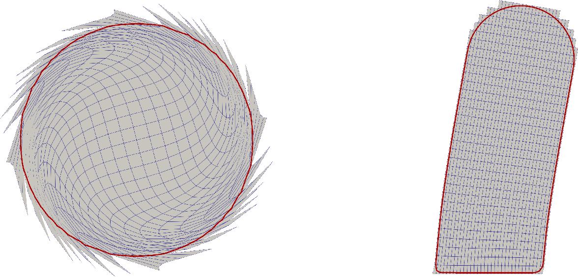Figure 2: Problem settings: the two geometries in their deformed configuration under the load 23 , shown on the coarsest background mesh used in the experiments, with the immersed boundary \partial\Omega superimposed. Left (a): the disc \Omega_\circ at load factor \zeta= 0.5. Right (b): the pole \Omega_{\sqcap} at load factor \zeta= 0.25. We use those loads as defaults in our experiments. Note that in the corners the integration is performed using an exact representation of the geometry