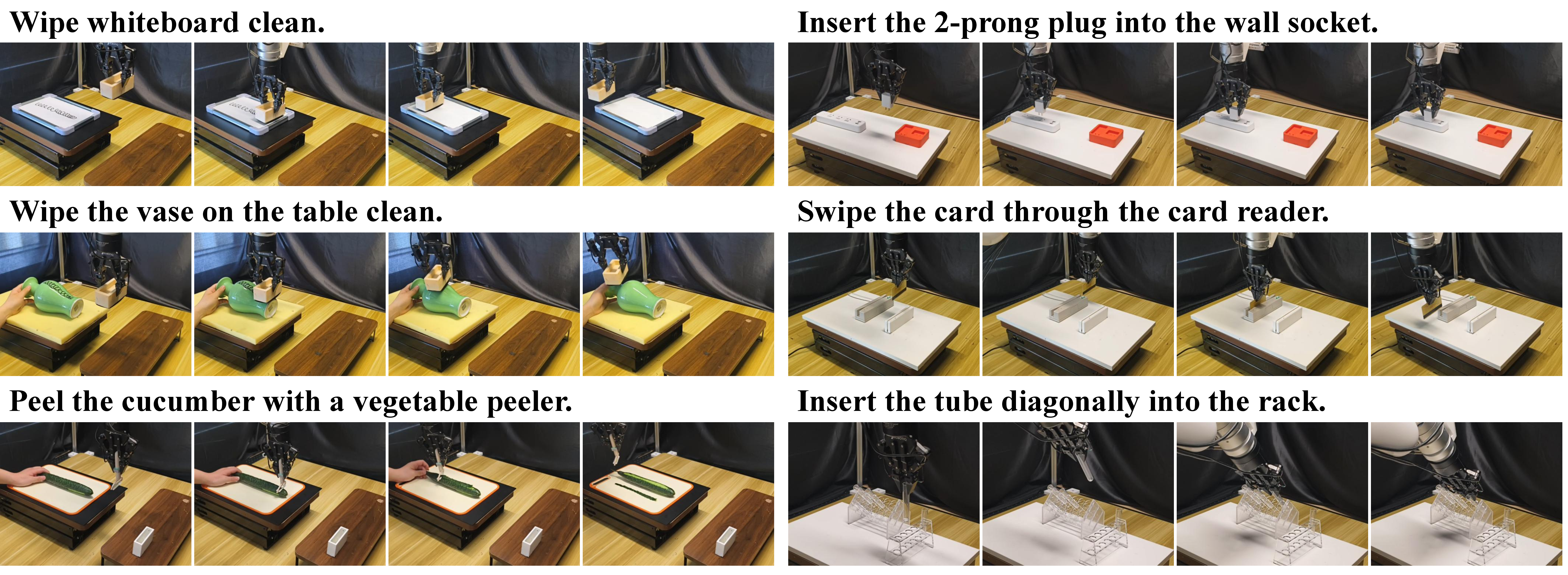 Figure 4: Overview of real-world contact-rich manipulation tasks. We evaluate VT-WAM on six real-world tasks covering two interaction regimes: surface-interaction tasks and constrained insertion tasks.