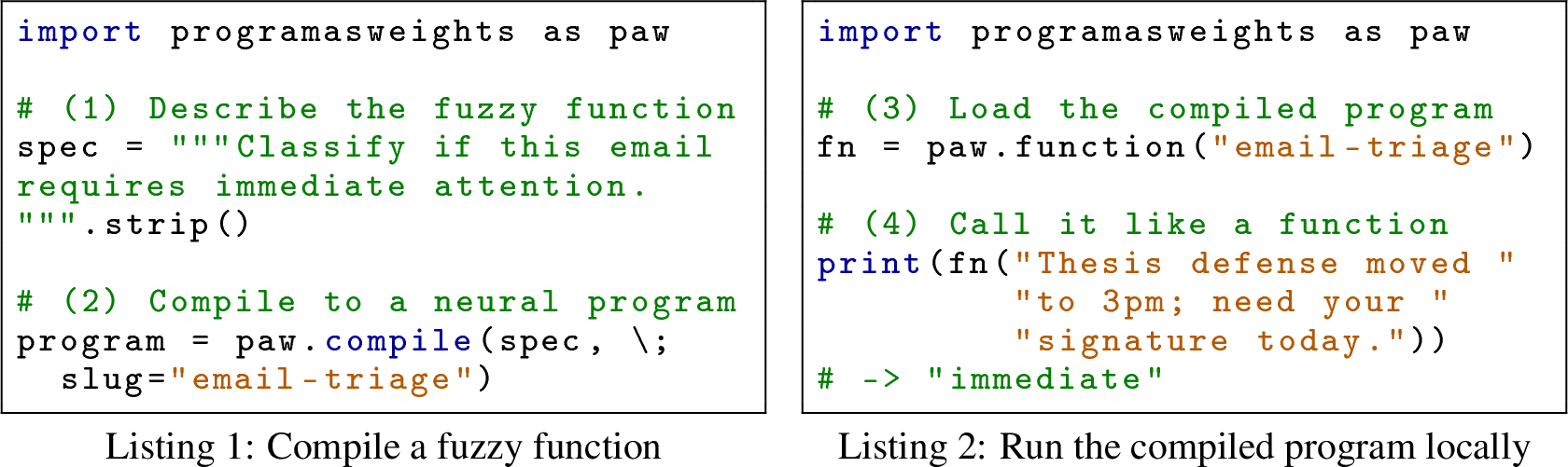 Figure 4: Developer interface. Left: the compiler translates a natural-language specification into a neural program. Right: the interpreter loads this program and exposes it as a local function.
