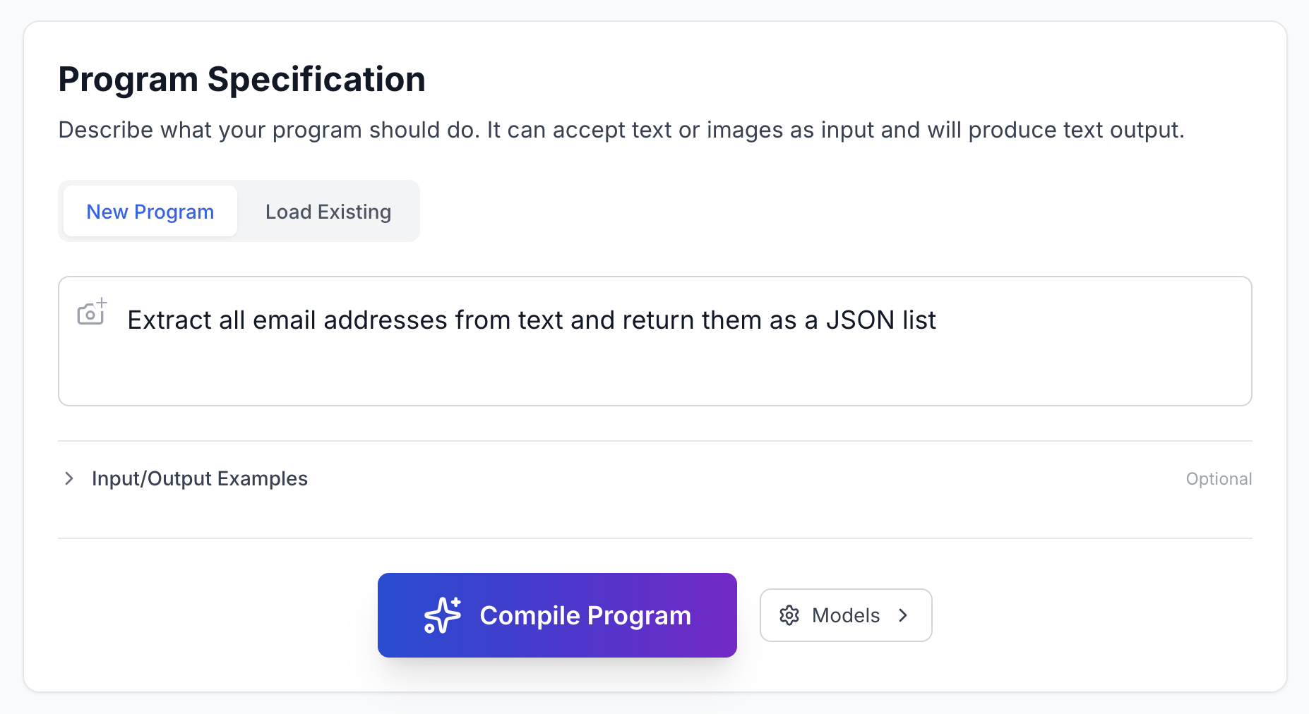 Figure 5: Step 1: Compile a program from natural language. The user specifies a fuzzy function in natural language. Image inputs are also supported.