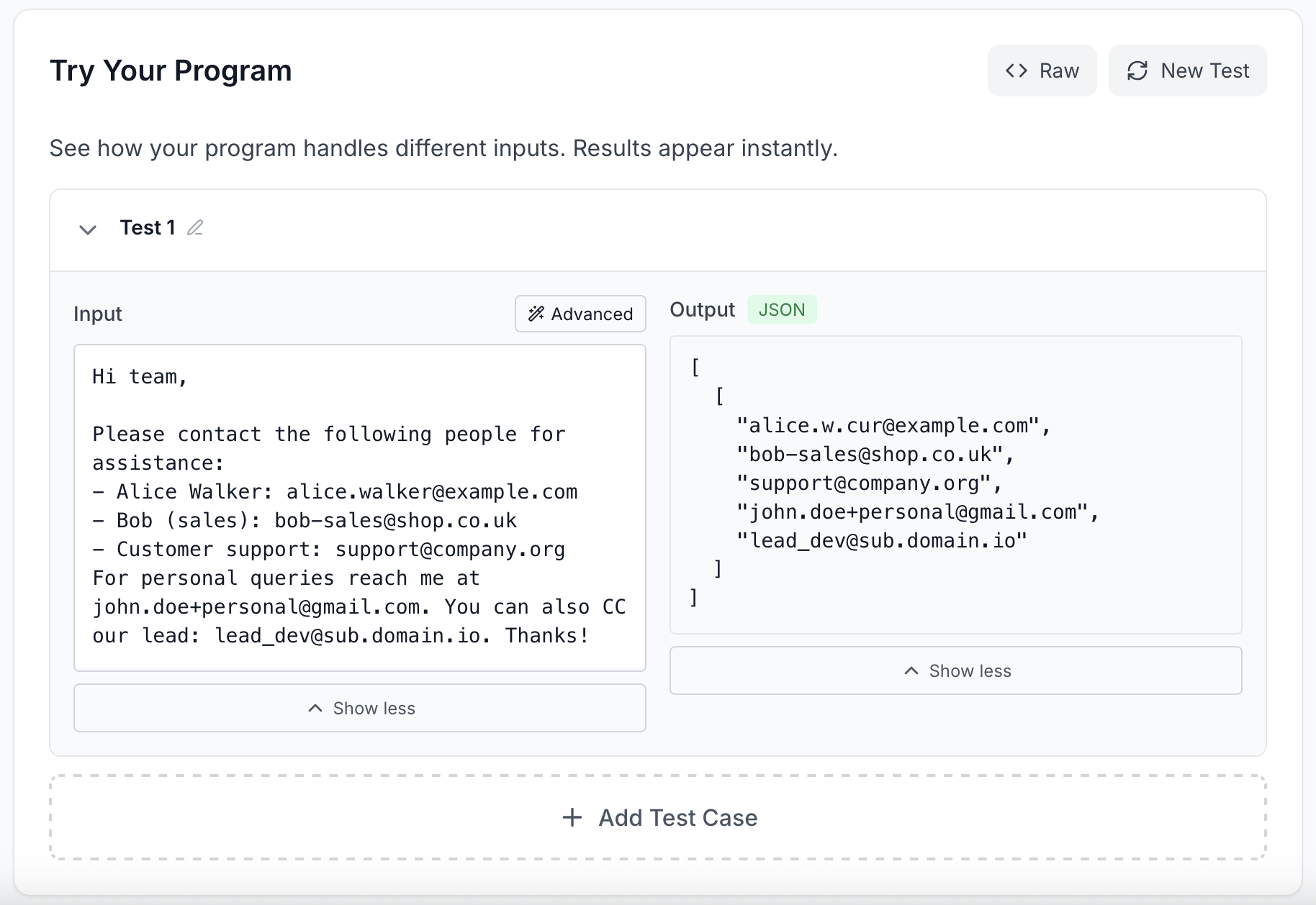 Figure 6: Step 2: Interactively test the compiled program. Users can provide test inputs and inspect the corresponding outputs, enabling rapid validation and refinement before download.