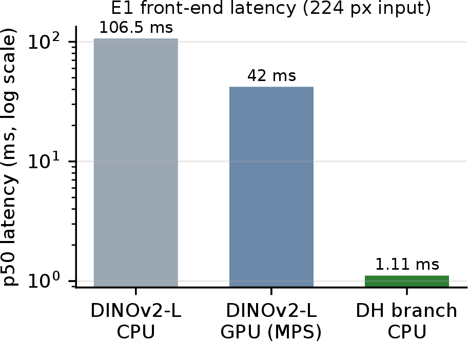 Figure 2: Measured front-end latency (log scale). The DH-Active core stages are near-millisecond on CPU; DINOv2-L is timed as an encoder forward pass.