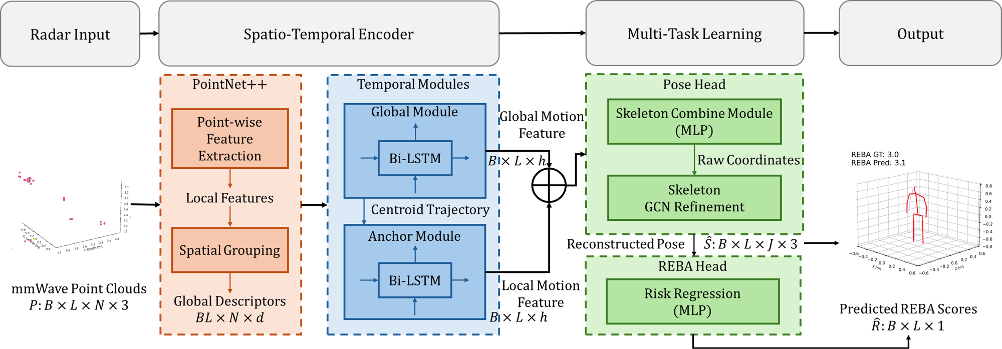 Figure 2: Overview of the Spatio-Temporal End-to-End Framework. The pipeline consists of: (1) Spatio-temporal Encoder: PointNet++ (coral) extracts spatial features from point clouds, followed by Temporal Modules (blue) with dual Bi-LSTM branches that model temporal features; (2) Multi-task Learning: Pose Head (green) generates 3D skeletons and refines with GCN, then REBA Head regresses ergonomic risk scores. Notation:B=32 (batch size), L=40 (sequence length), N=128 (point cloud size), d=28 (feature frame dimension), h=64 (hidden dimension), J=17 (number of joints).