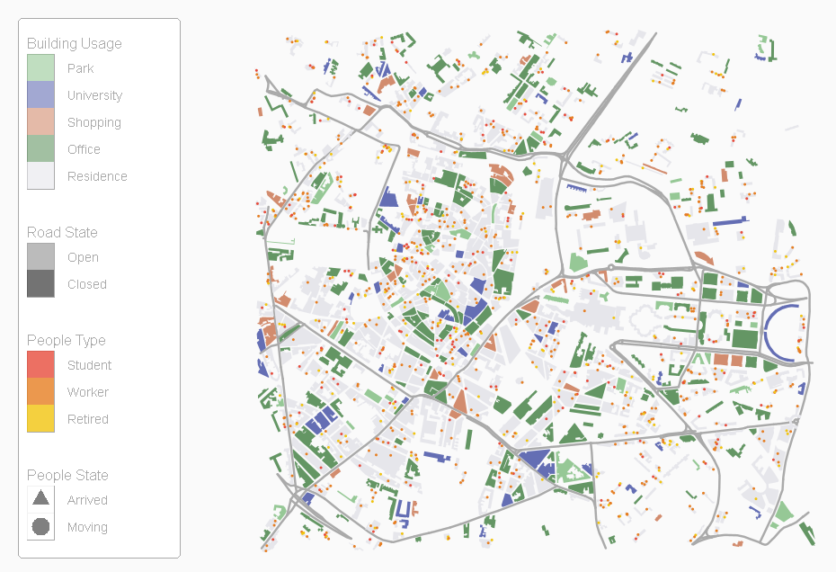Figure 2: Spatial representation at the beginning of a simulation in GAMA.