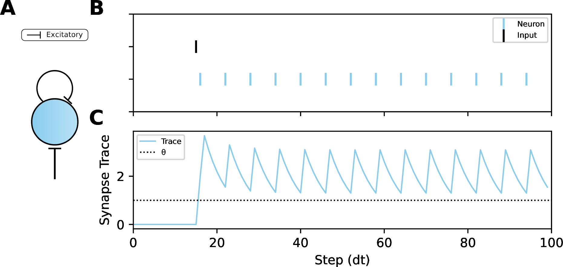 Figure 4: Neuron with stable self-excitation. (A) A single LIF neuron with exponential synapses receives external stimulation, and has a self-recurrent excitatory connection. When a single spike is received (B, top), the resulting change in the synaptic trace (C) is enough to induce the neuron to fire a spike. While the neuron is in its refractory period, the neuron is unable to fire a spike and the synaptic trace decays. Once the refractory period is over, the synaptic trace is still large enough to induce an immediate jump in membrane potential above the threshold, causing a new spike. This pattern continues in perpetuity, resulting in steady-state spiking (B, bottom). Spikes were recorded on SpiNNaker2, the synaptic trace was simulated as SpiNNaker2 does not support recordings of synaptic traces.