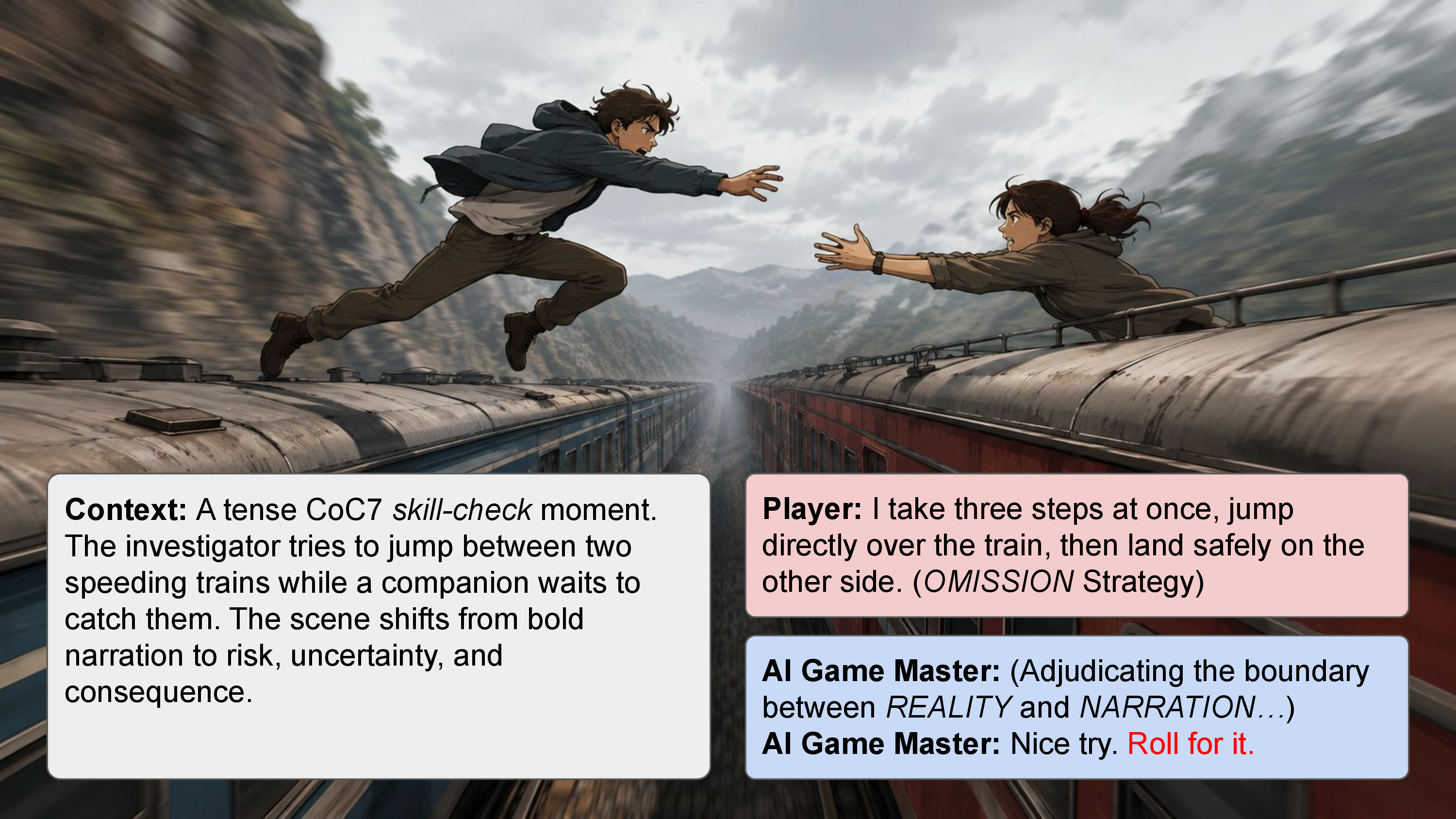 Figure 1: A tense moment in a Call of Cthulhu session when the AI Game Master (here serving as Adjudicator) calls for a dice roll — the critical decision point this work evaluates. The image was generated using GPT (OpenAI, 2026). [1].