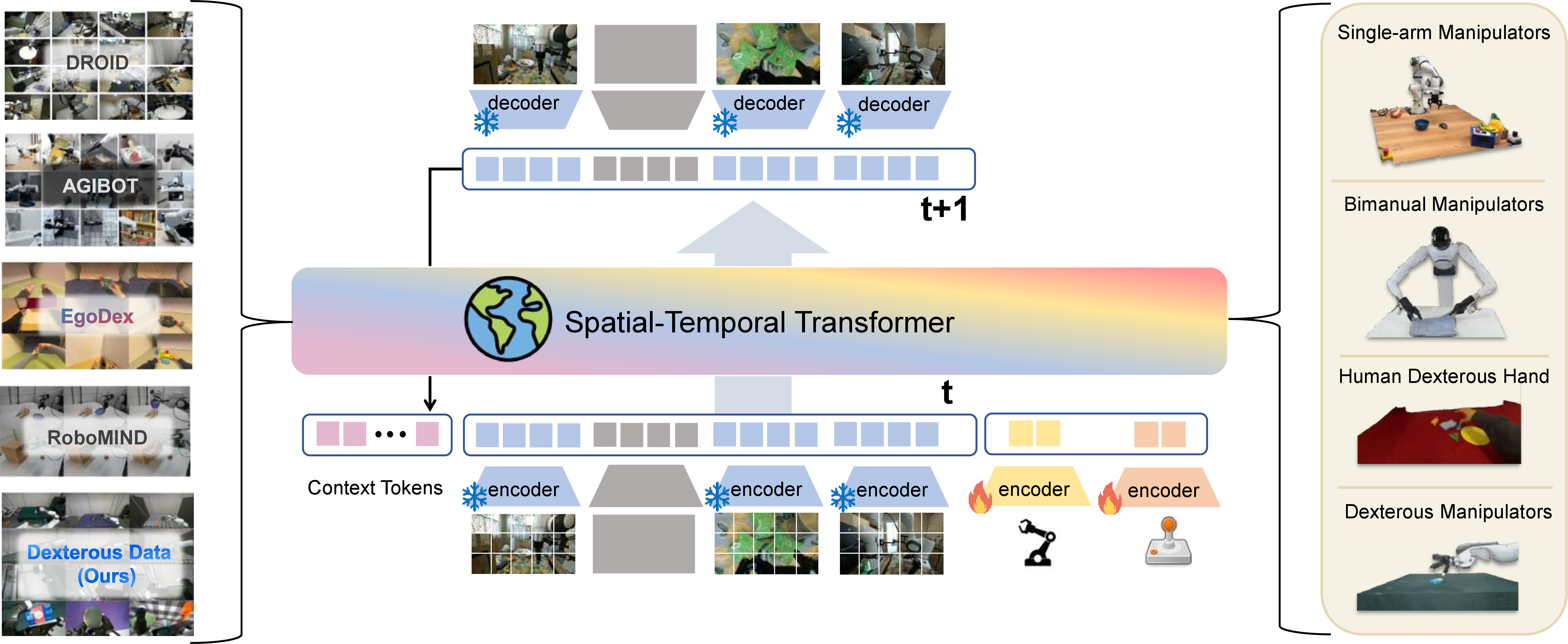 Figure 3: Heterogeneous action-conditioned world model. The world model is trained on diverse robot and human interaction datasets spanning multiple embodiments.