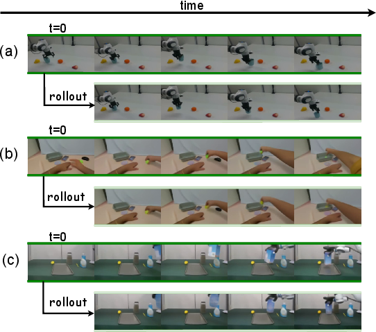 Figure 5: World model rollouts across multiple embodiments. Only a single camera view is visualized for clarity.