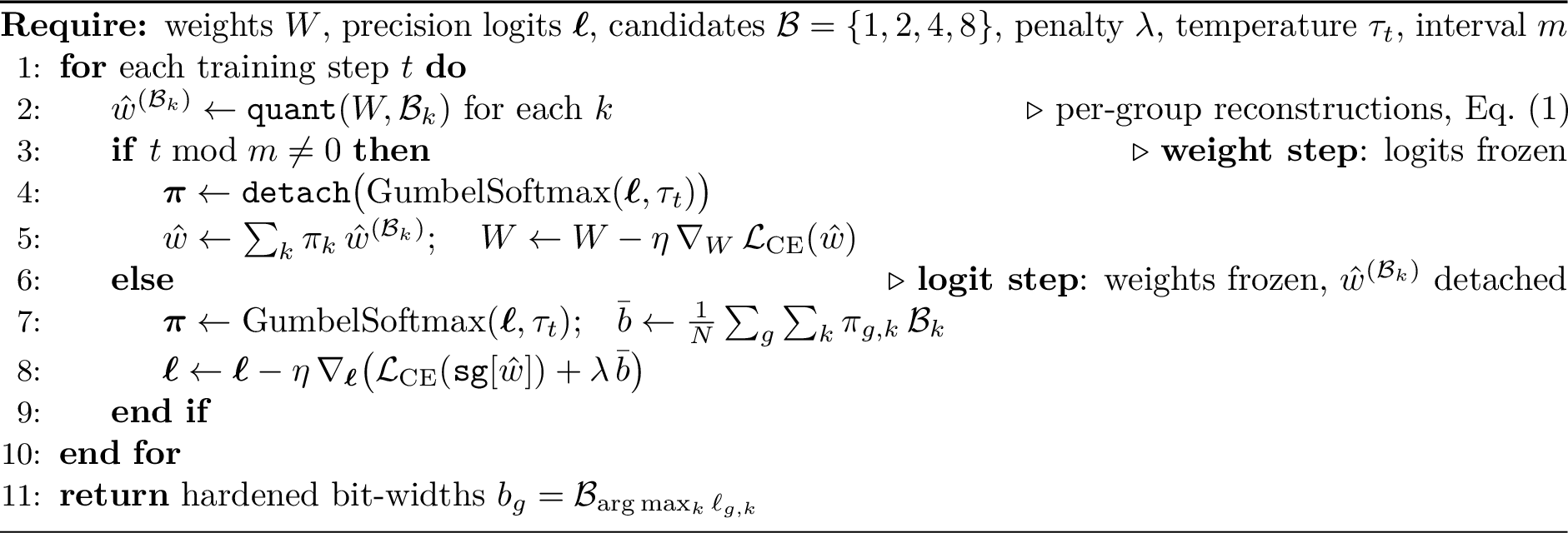 Figure 1: VBQ alternating optimization (one logit update every m weight steps)