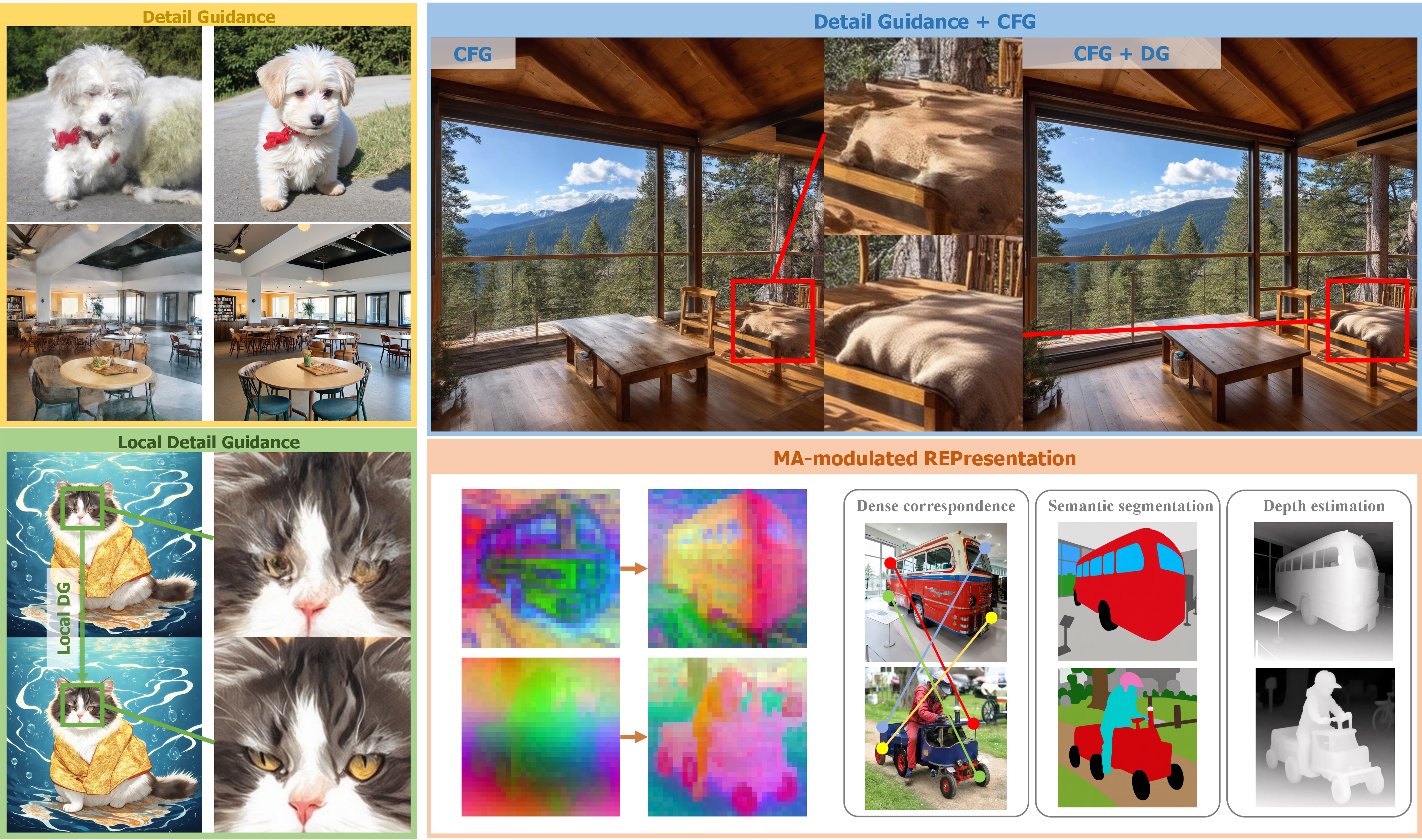 Figure 1: EMA improves DiTs across visual generation and understanding tasks. For generation, EMA improves fine-grained detail synthesis and enables controllable local refinement. For understanding, EMA produces more discriminative DiT representations, benefiting dense perception tasks such as correspondence and segmentation.