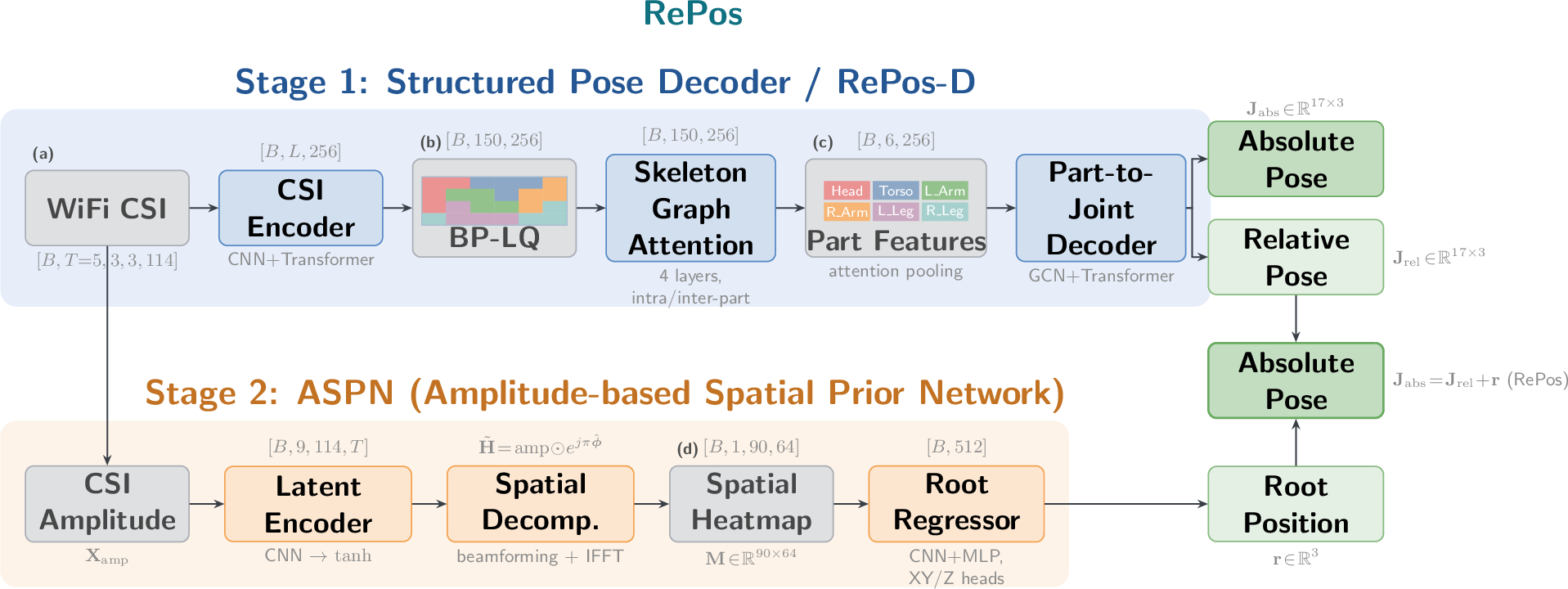 Figure 3: Overview of RePos. Stage 1 (top) is the Structured Pose Decoder: WiFi CSI (a) is encoded and transformed into BP-LQs (b), refined by SGA and aggregated into part-level features (c), then decoded into a root-relative pose. The same backbone doubles as the direct variant RePos-D, which emits an absolute pose end-to-end (top right). Stage 2 (bottom) is the ASPN: the amplitude of the same CSI input is processed into a learned spatial heatmap (d) to predict the absolute root position. RePos forms the final absolute pose by adding the root position to the root-relative pose.