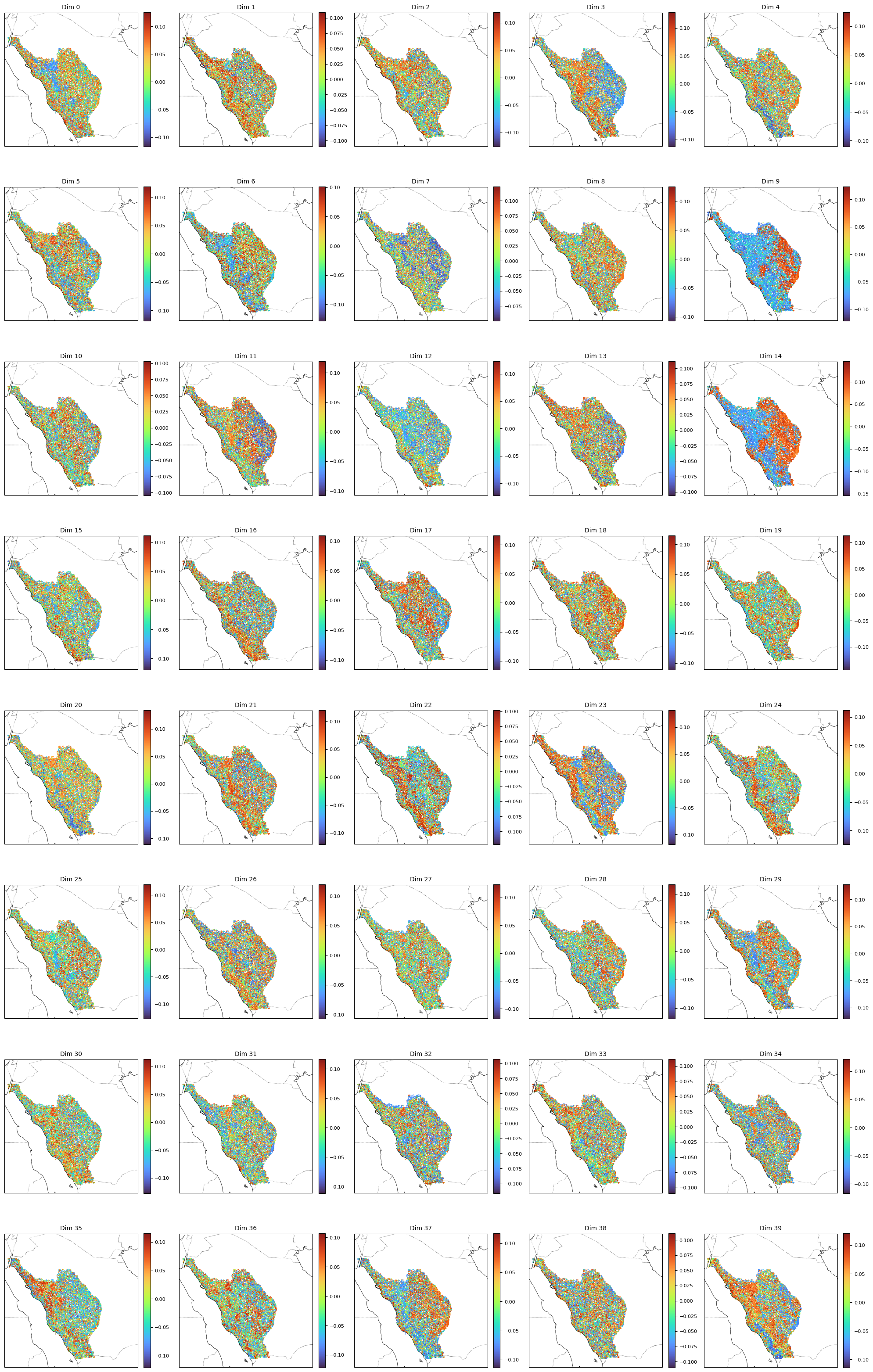 Figure 1: Spatial activation maps for selected Arabian Shield graph-embedding dimensions (Experiment 2). Most dimensions exhibit coherent, non-random spatial structure, consistent with structured geoscience signal.
