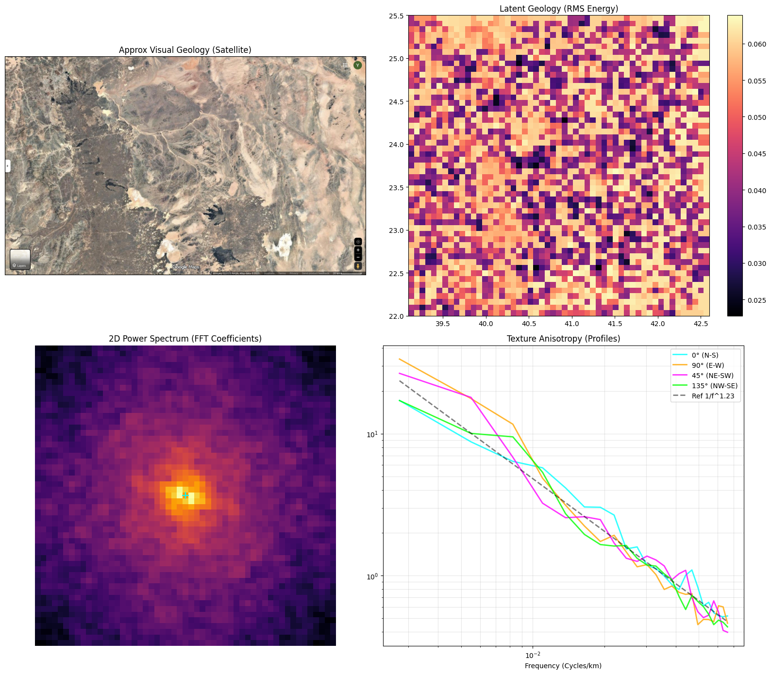 Figure 8: 2D spectral analysis of a dense local patch of Arabian Shield graph embeddings (Experiment 2, Study 1). Top-left: approximate surface-domain reference from satellite imagery. Top-right: latent RMS energy map (aggregated embedding amplitude), showing coherent spatial texture in feature space. Bottom-left: 2D FFT power spectrum of the latent field, highlighting non-uniform frequency content. Bottom-right: directional radial PSD profiles (0^\circ, 45^\circ, 90^\circ, 135^\circ) with a power-law reference; systematic separation between directions indicates anisotropy (directional fabric) rather than isotropic texture, while the broad-band decay indicates multi-scale structure.
