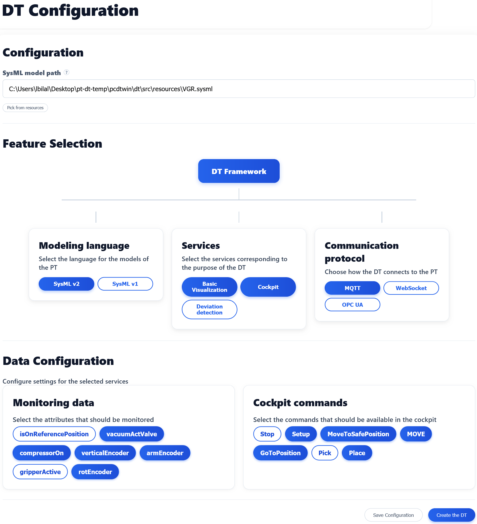 Figure 8: Configuration User Interface for configuring the DT Framework.