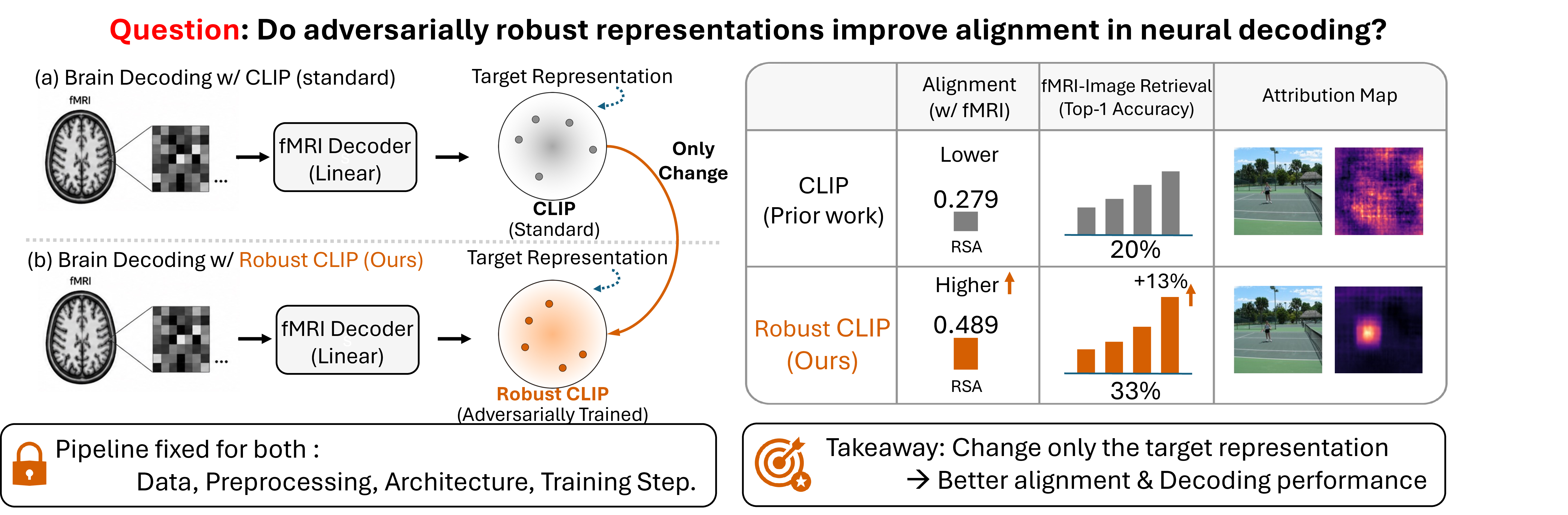 Figure 1: A summary of our work: changing target representation to an adversarially robust one improves neural decoding with CLIP. Empirical results support increased neural alignment and fMRI-image retrieval performance, while attribution maps further reveal qualitatively different image feature usage.