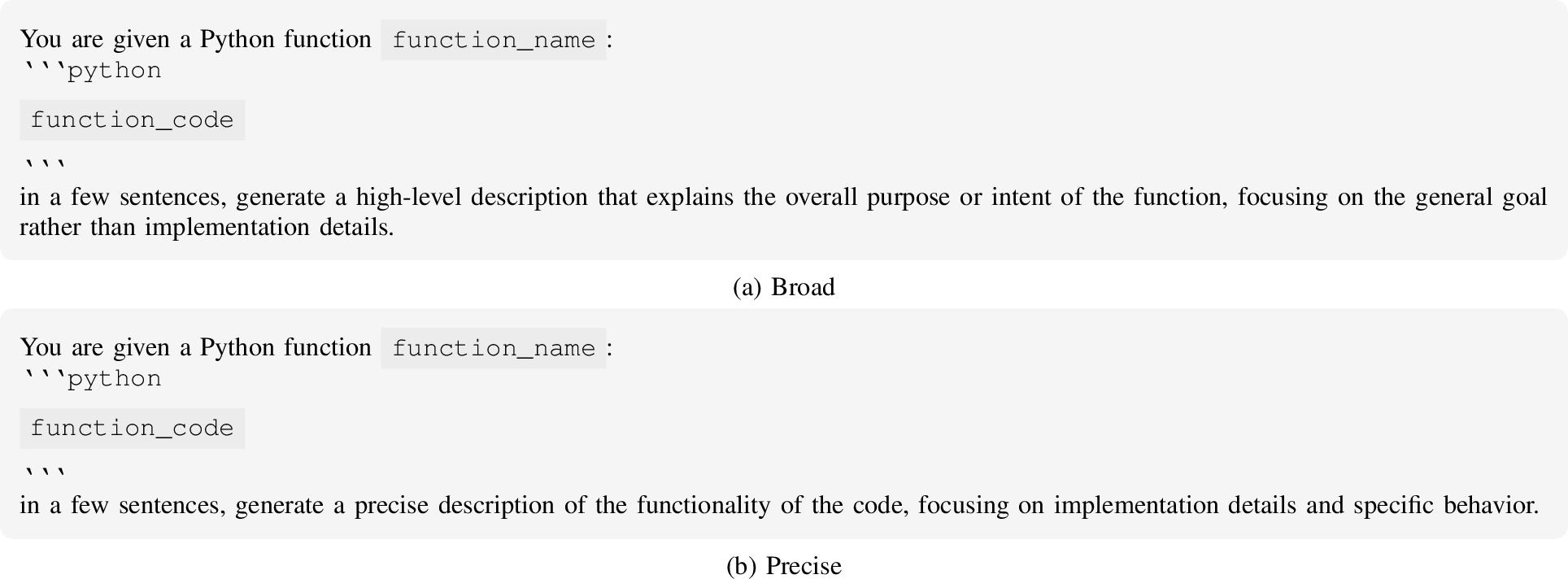 Figure 3: Excerpts from the prompt template used to generate function intents at different precision levels from a Python method implementation.