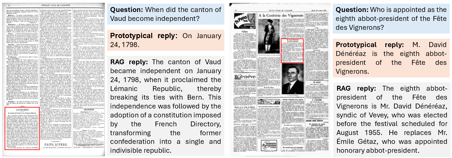 Figure 7: Examples of two queries, the prototypical and the actual reply by the RAG system. We also show indicative documents retrieved by the search process.
