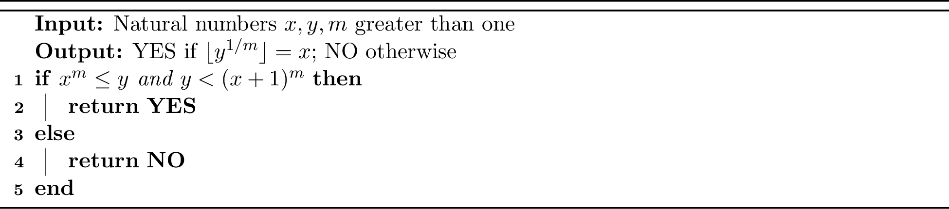 Figure 3: CheckCandidateSolution(x,y,m) : Is x= \lfloor y^{1/m} \rfloor?