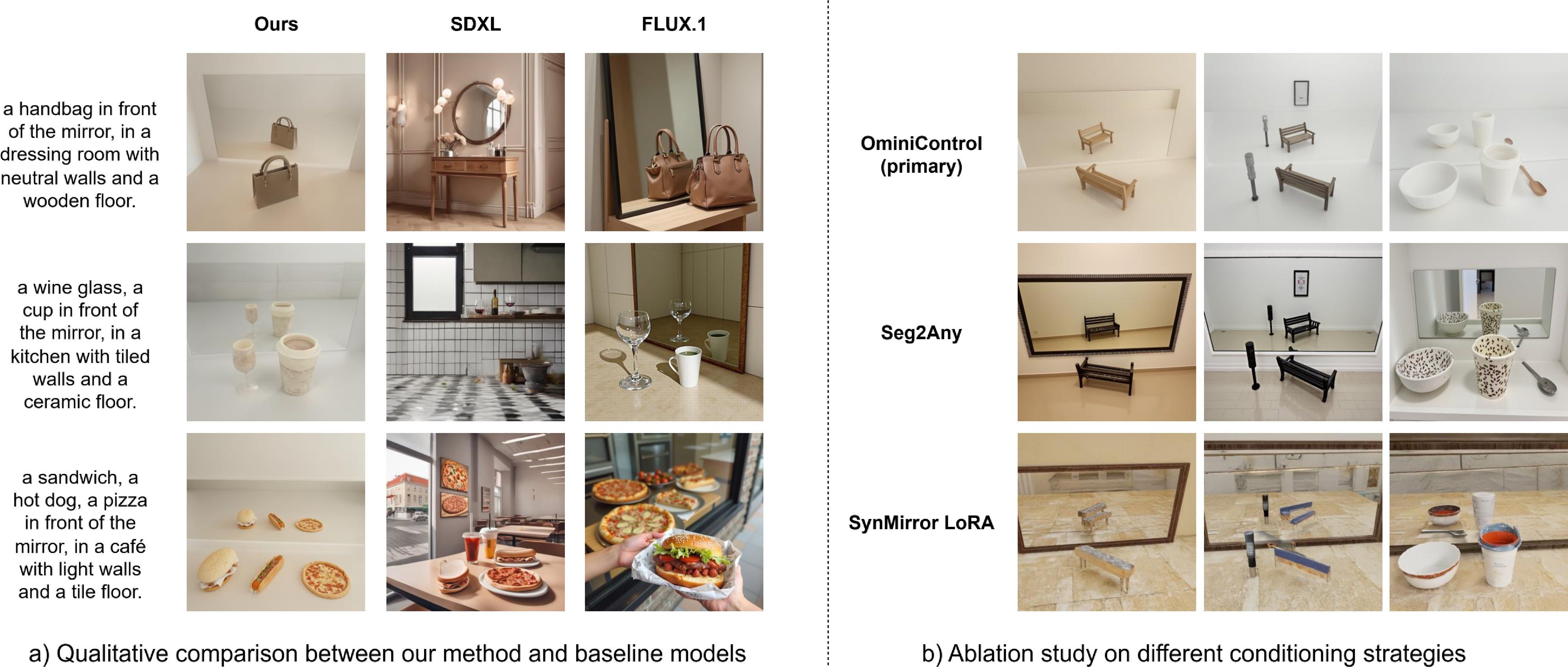 Figure 6: Qualitative comparison of synthesized mirror reflections across varying scene complexities (1 to 3 objects). (a) Unconditioned baselines (SDXL and FLUX.1-dev) frequently fail to produce physically accurate reflections, whereas our physics-aware method consistently generates geometrically correct results. (b) Ablation study comparing alternative spatial conditioning strategies, demonstrating how segmentation priors (Seg2Any) and custom fine-tuning (SynMirror LoRA) can introduce visual artifacts or perspective errors compared to our primary method.