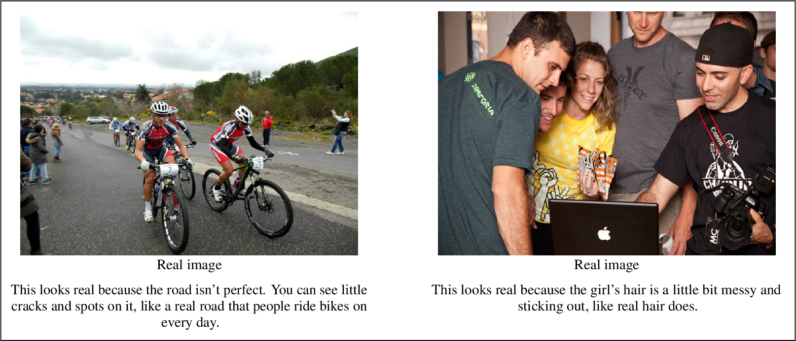 Figure 11: Authenticity explanation examples for real images. Each explanation should point to visible physical evidence rather than merely asserting that the image is real.