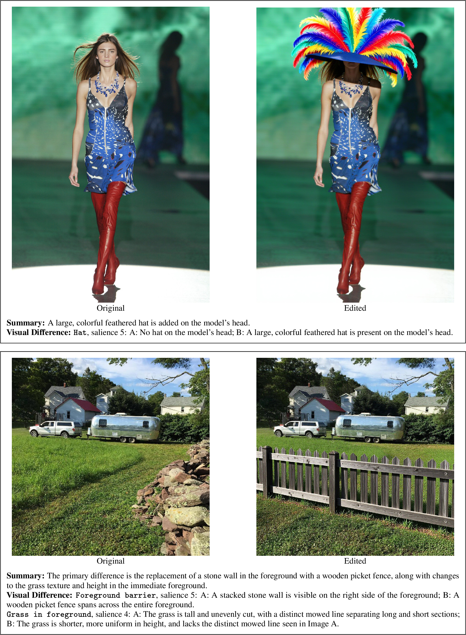 Figure 7: Visual-difference extraction examples. The examples show that the pipeline records localized before/after evidence rather than relying on generic descriptions of manipulation.