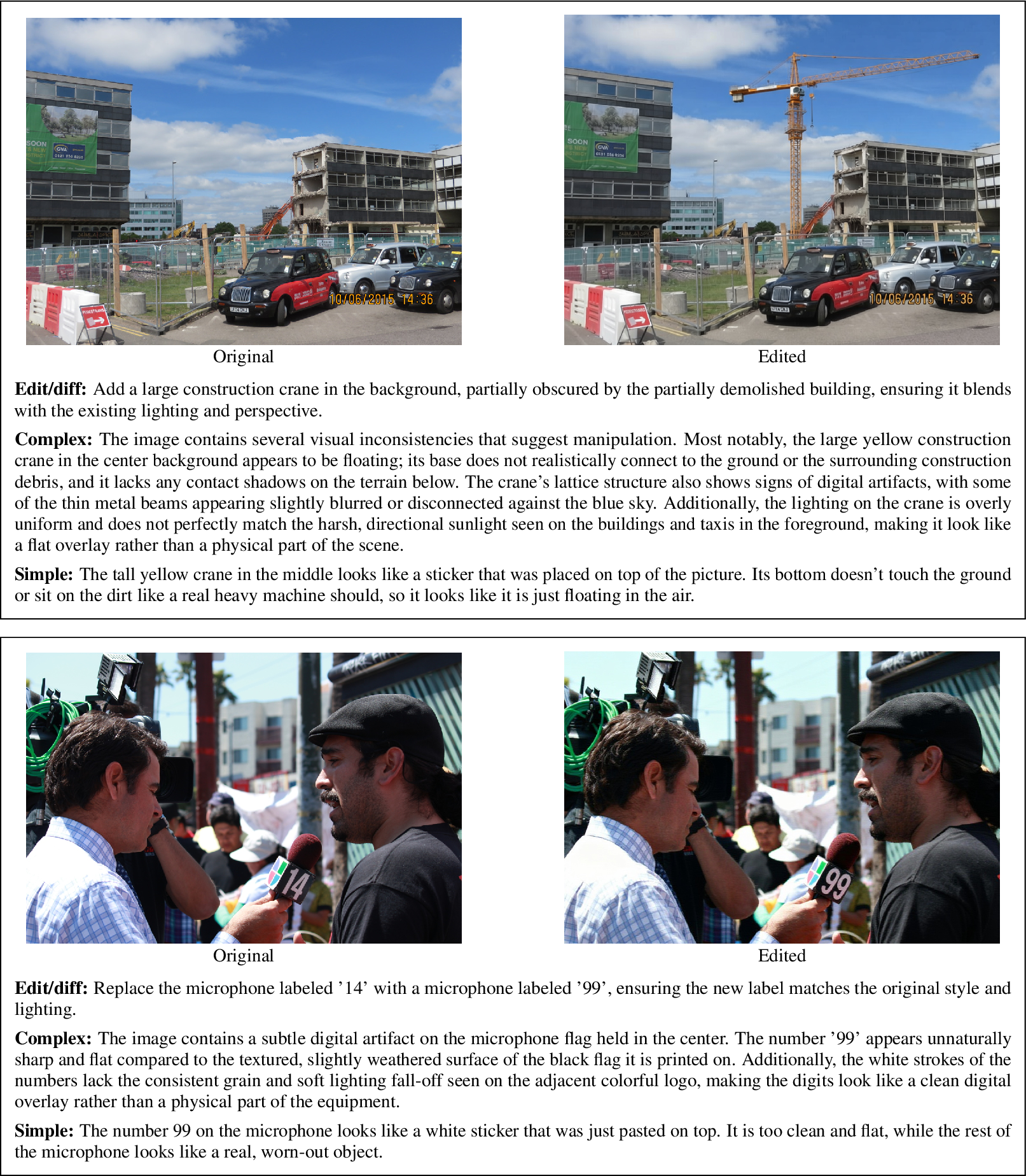 Figure 10: Fake-image explanation examples. Complex explanations preserve multiple grounded cues; Simple explanations select the single clearest cue and use non-technical language.