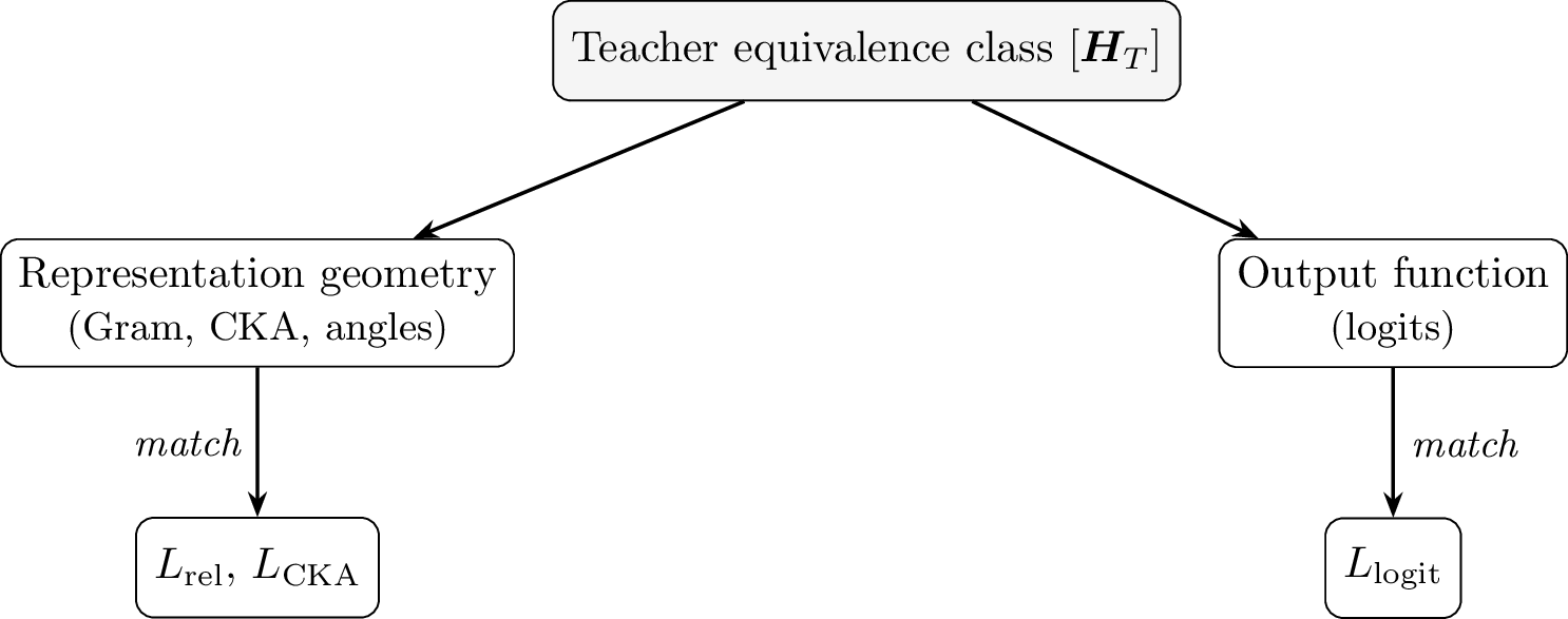 Figure 4: The paper in one figure. A teacher representation is an equivalenceclass, not a fixed matrix, and it exposes two admissible targets: itsrepresentation geometry (a basis–invariant relational structure) and its outputfunction (the logits, a class invariant by 3). Relational KDmatches the geometry; logit KD matches the output function, which is why only thelatter transfers capability. Absolute feature matching—an arrow drawn straightto \boldsymbol{H}_S—is absent by design: it is the one target 1forbids. The recommended objective \mathcal{L}=L_{\mathrm{logit}}+\lambda L_{\mathrm{rel}}(11 ) uses both.
