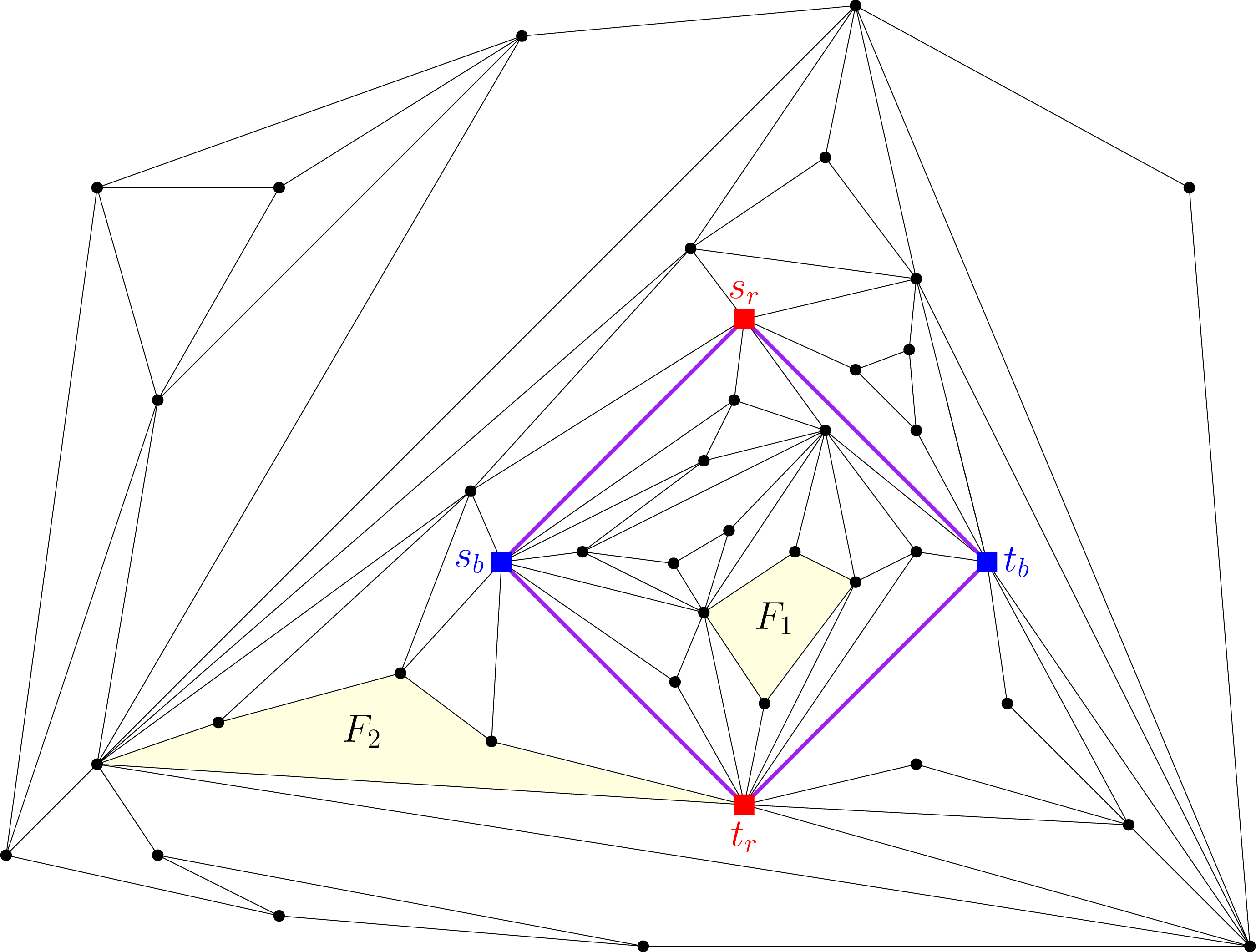 Figure 15: An example of a planar YES-instance where the four terminals form a cycle. The highlighted faces F_1 and F_2 satisfy the property from 2 (actually, it can be checked that they are the only ones that do).