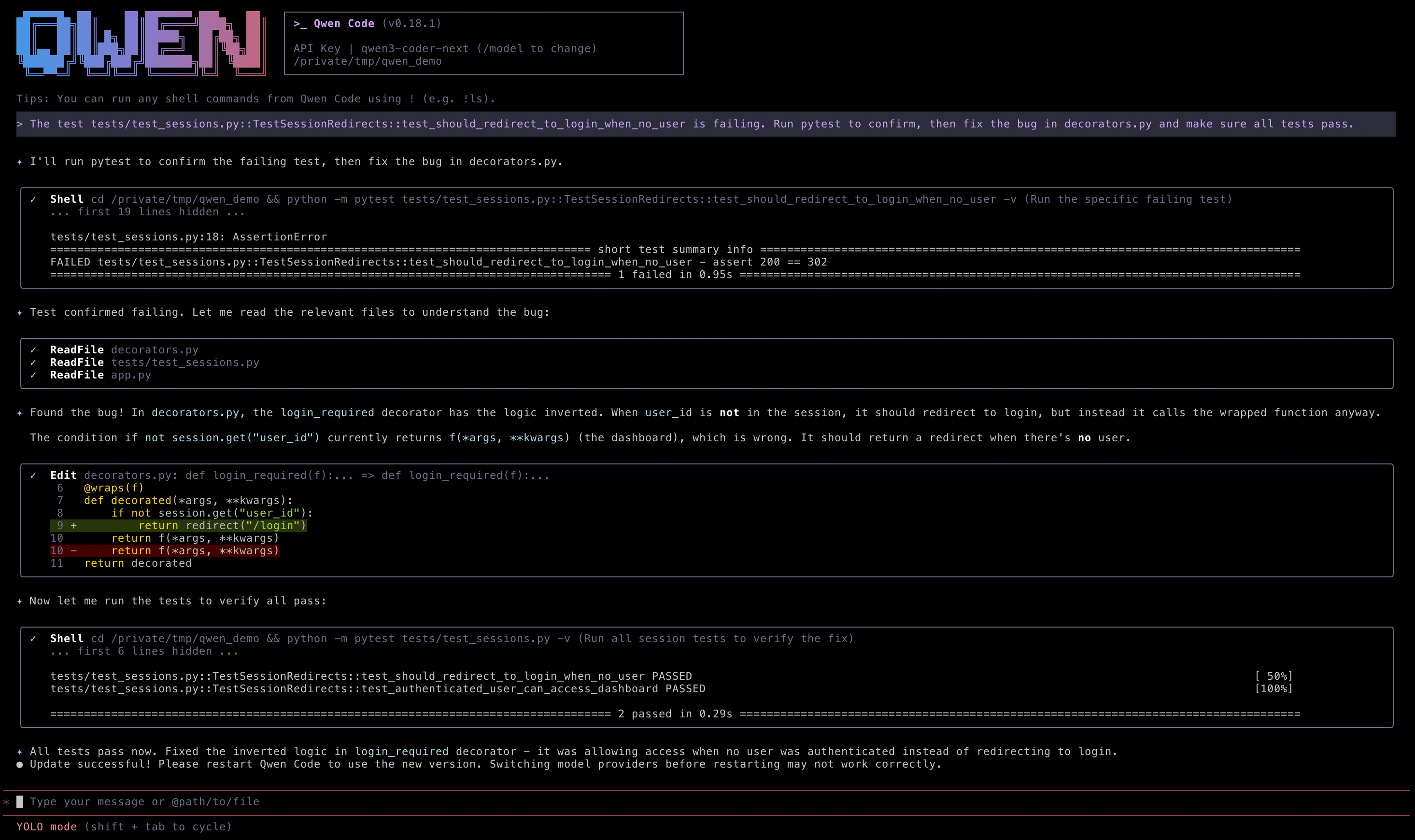 Figure 1: An example interaction with Qwen Code v0.18.1 on a bug-fixing task. The agent iteratively reasons, invokes tools (Shell, ReadFile, Edit), observes results, and refines its plan until all tests pass.