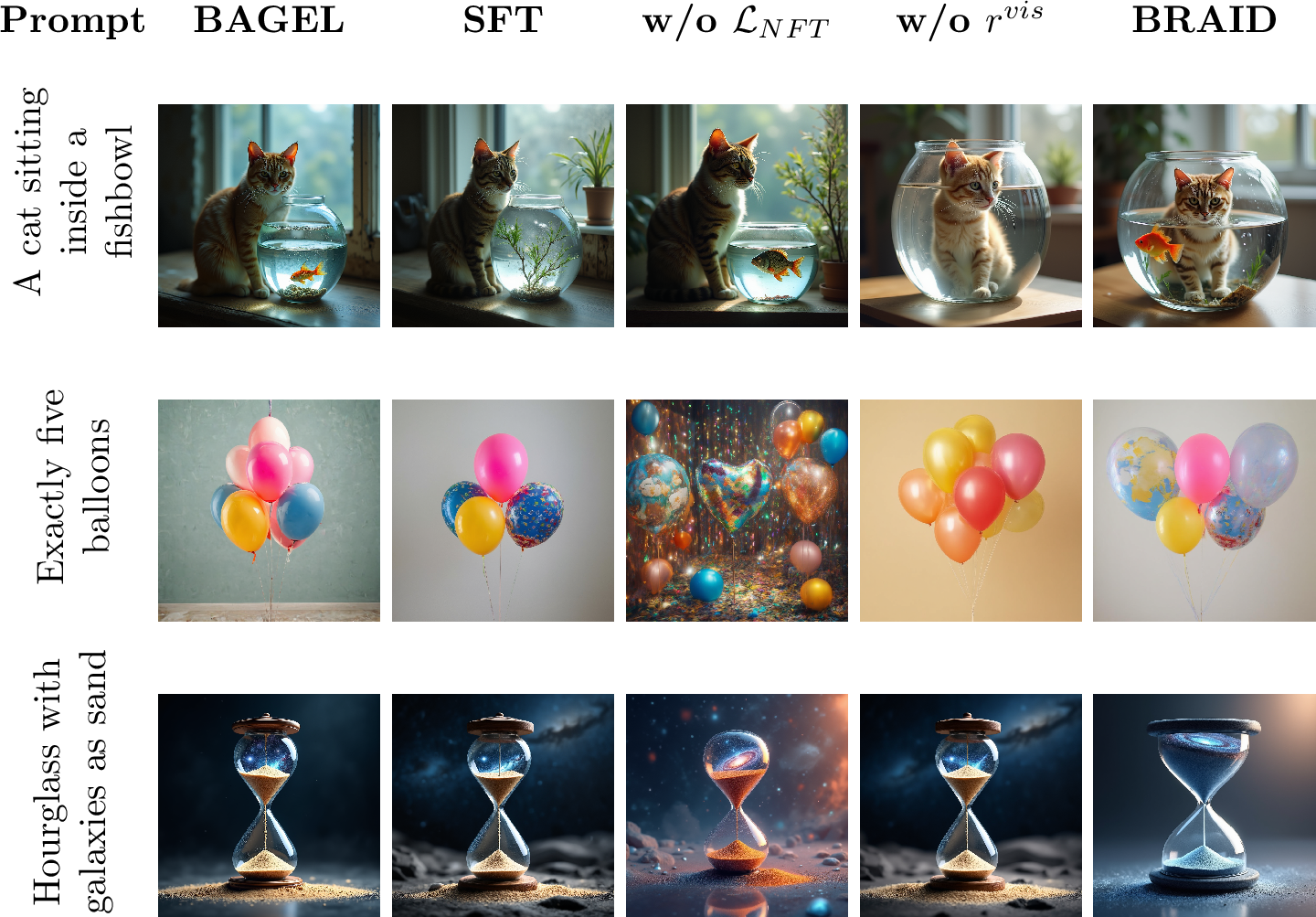 Figure 8: Text-to-image generation comparison across prompts testing spatial compositionality (Row 1), numerical accuracy (Row 2), and creative concept binding (Row 3).