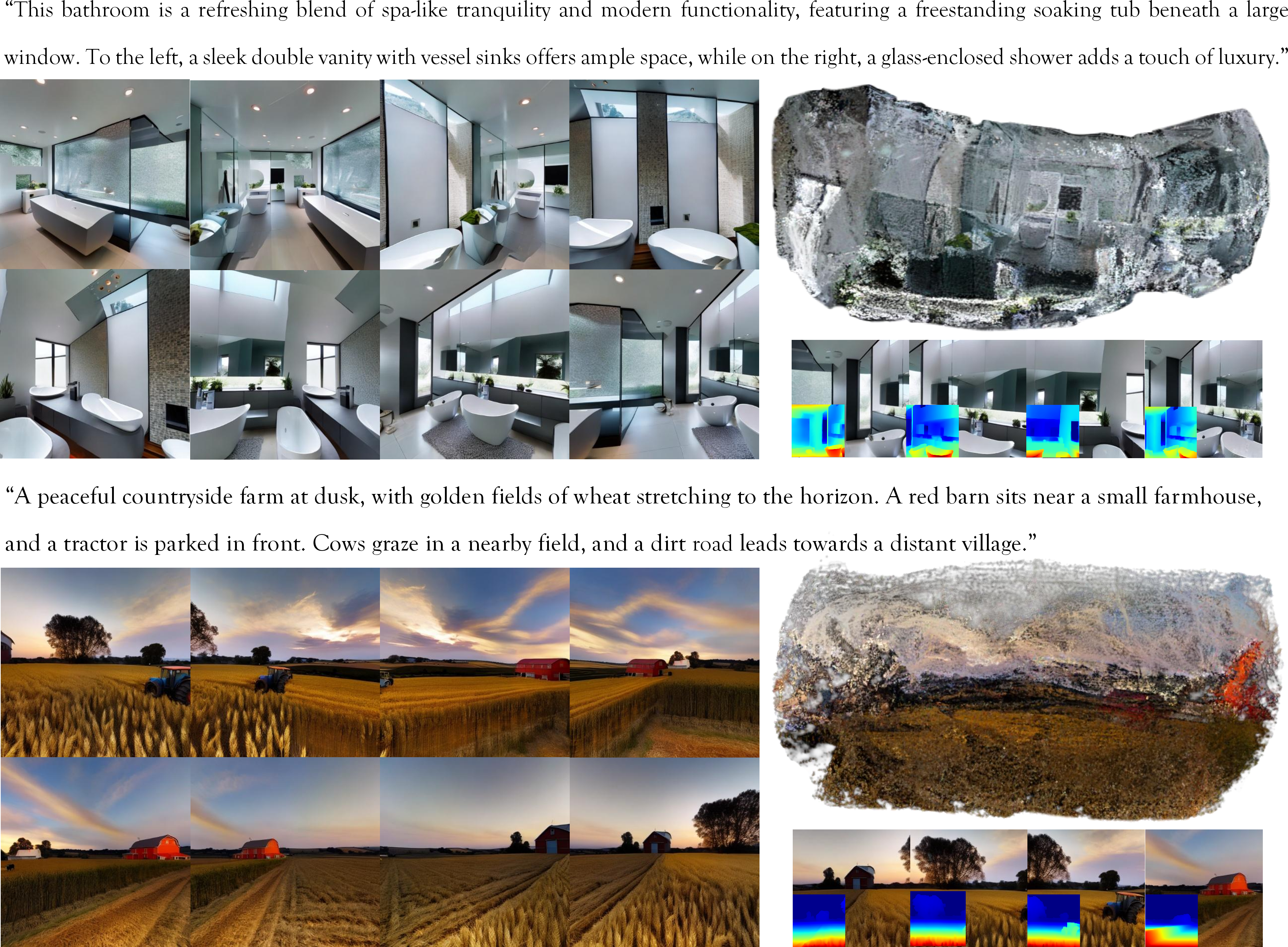 Figure 4: Generation results of CGGS for ego-centric multi-view priors, gaussian point clouds, novel view synthesis, and depth maps. Our method generates harmonious, domain-free 3D scenes from ego-centric views, highly aligned with complex textual descriptions.