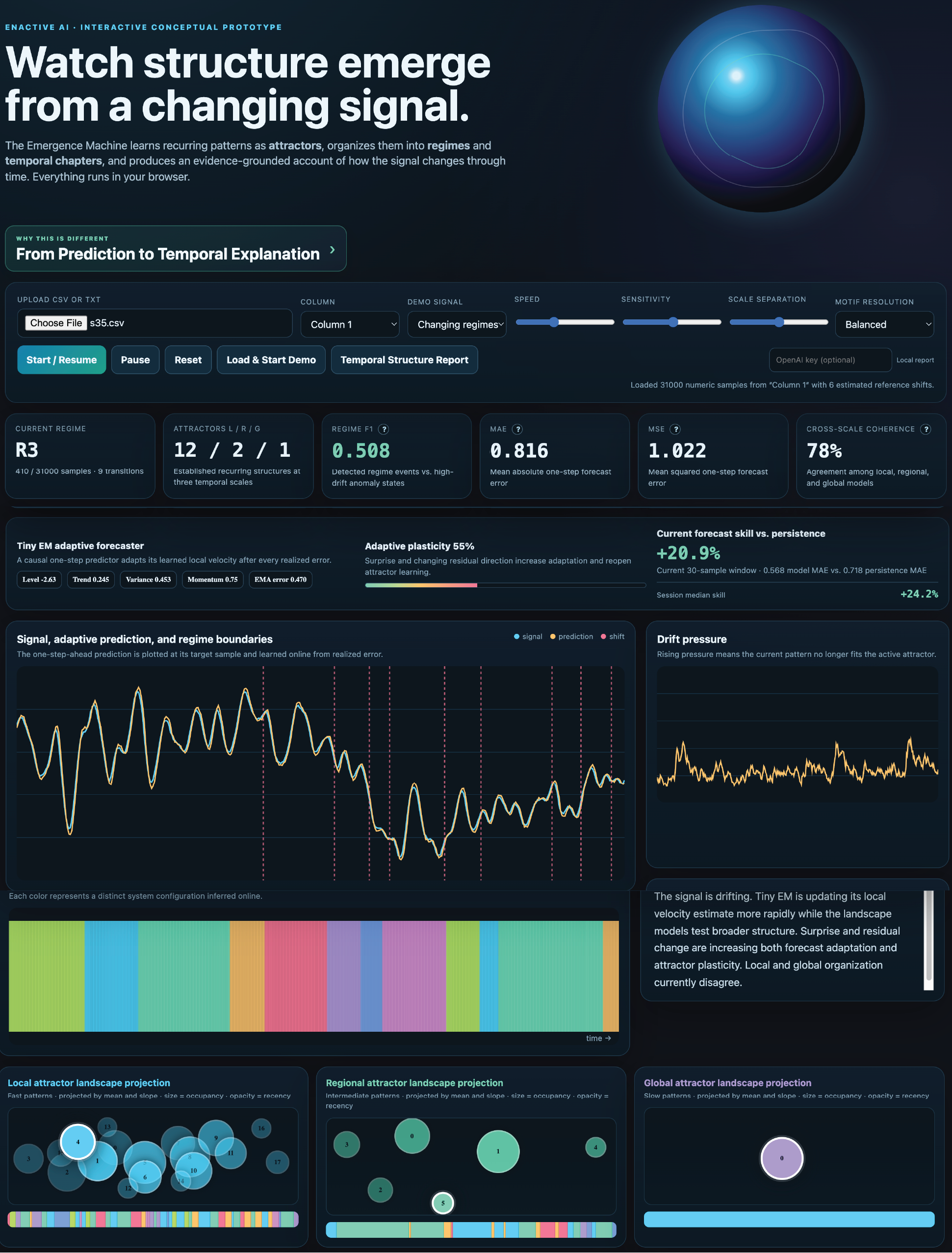 Figure 1: The Tiny Emergence Machine browser-based interface.