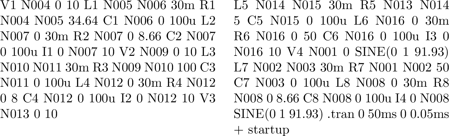 Figure 4: Input netlist of the 32-component RLC step-response network of Fig. 5 (annotation comments omitted; the micro suffix is written in its ASCII form u).
