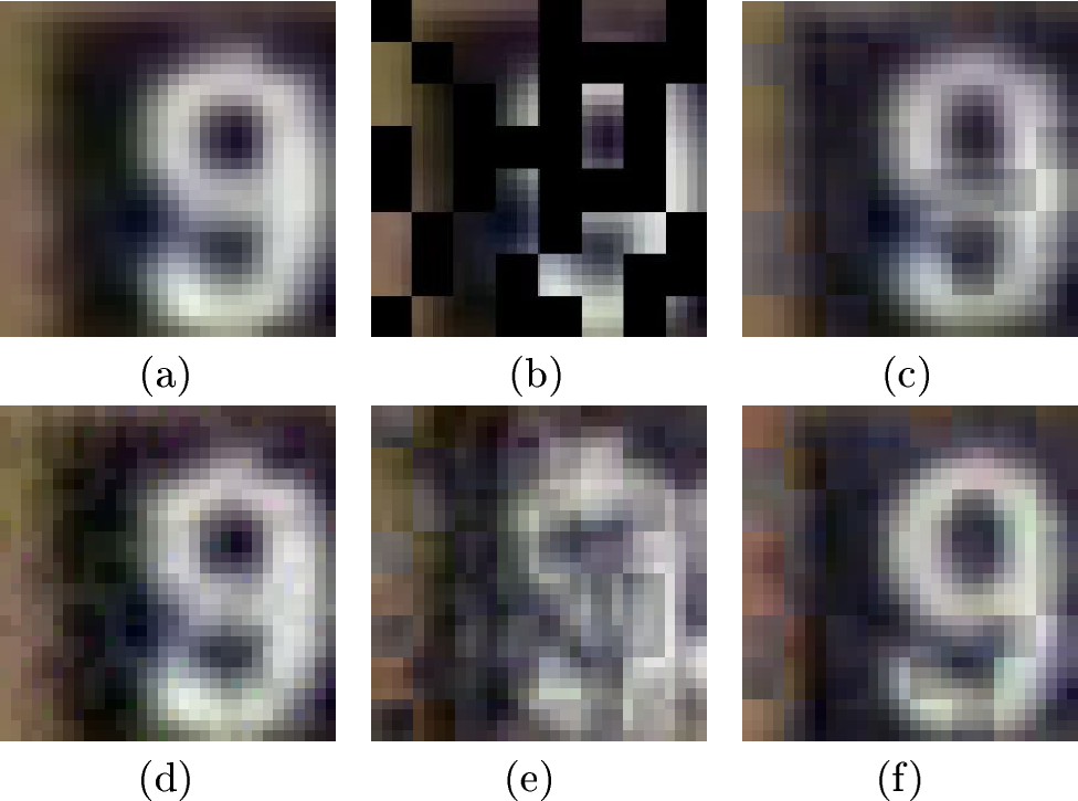 Figure 1: (a) Original image, (b) Masked image, (c) Clean image reconstruction from MAE, (d) Adversarial example under AutoAttack, (e) Reconstruction of adversarial example under AutoAttack from MAE, (f) Reconstruction of the denoised image under AutoAttack from MAE (denoised by our AMRM-Pure_{\text{MAE}}).