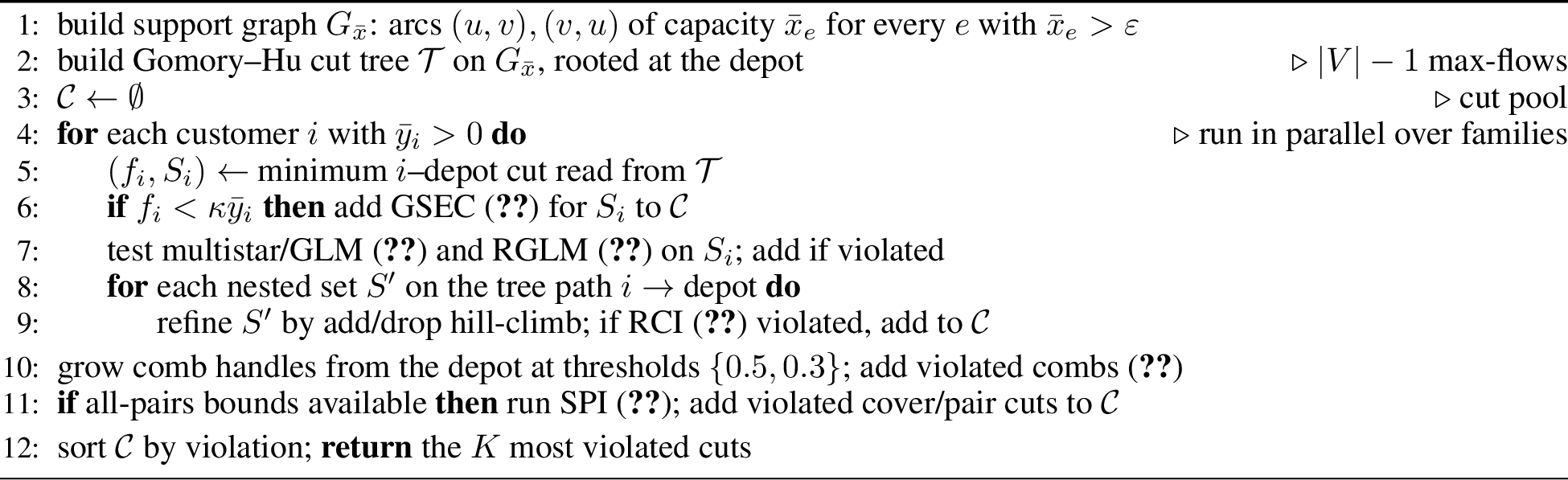 Figure 2: Separation round at an LP solution (\bar x,\bar y) with incumbent \overline{z}