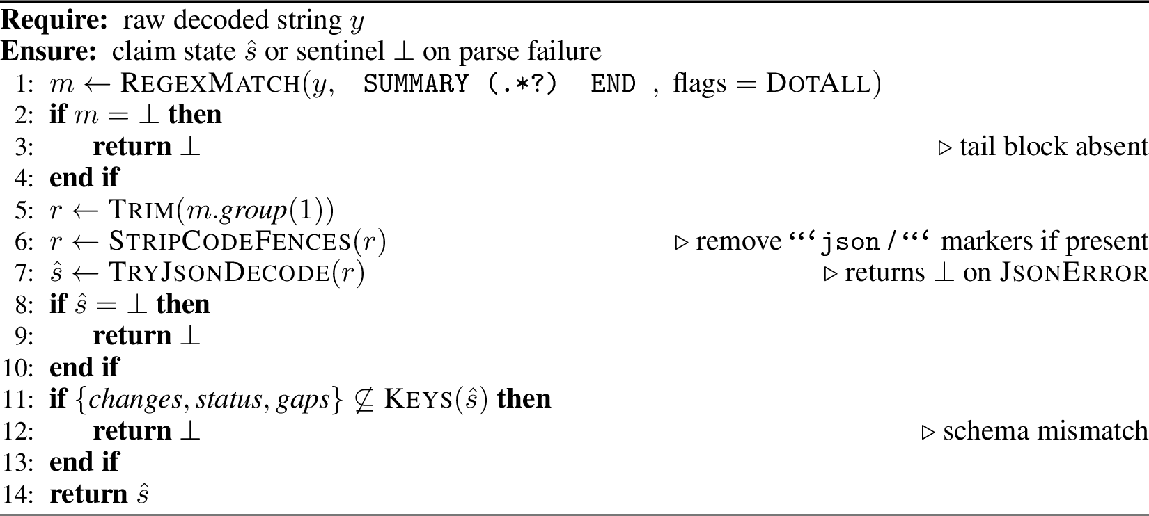 Figure 13: ParseSummary: regex extraction of the structured tail block and JSON decoding with error handling.