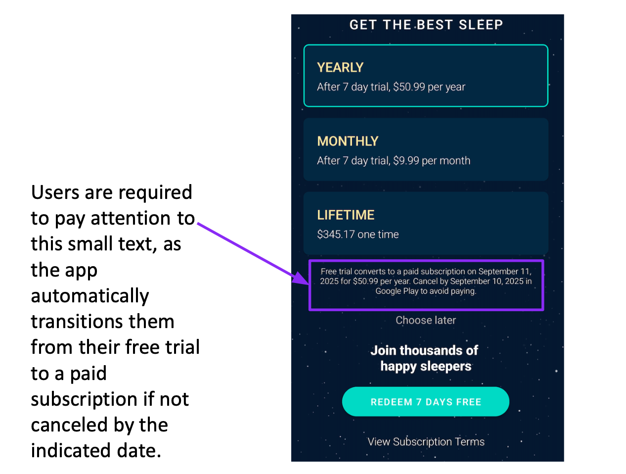 Figure 8: Slumber[23] utilizing a 7-day trial and automatically transitioning users to paid subscription if not cancelled