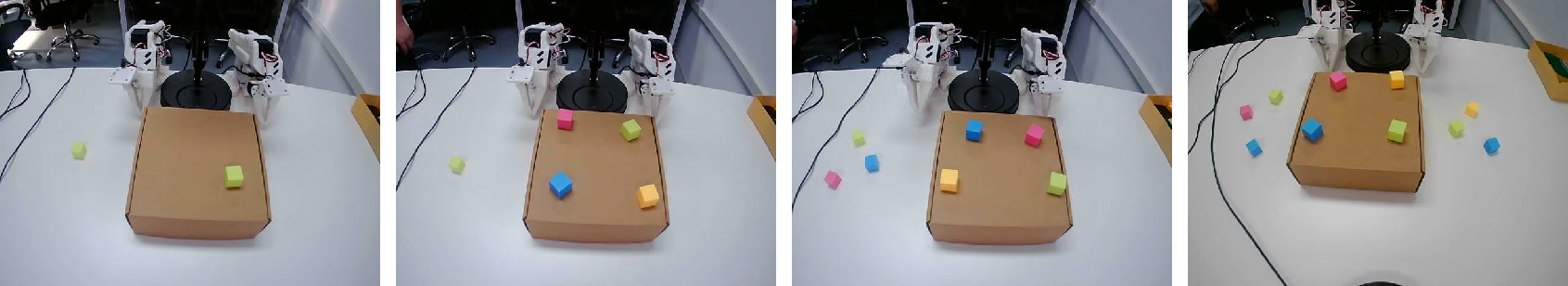 Figure 2: Representative scene configurations for the block grasping and sorting task under the proposed simple-to-complex strategy. Scene complexity gradually increases from left to right, illustrating the stage-wise demonstration collection process from basic manipulation to object perception and state understanding, and finally to complete task execution.