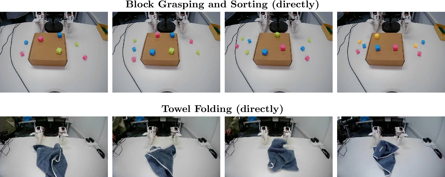 Figure 1: Examples of directly collected demonstrations for block grasping and sorting, and towel folding. In the direct collection setting, each demonstration is recorded as a single complete trajectory covering the entire task, without being decomposed into simpler sub-skills.