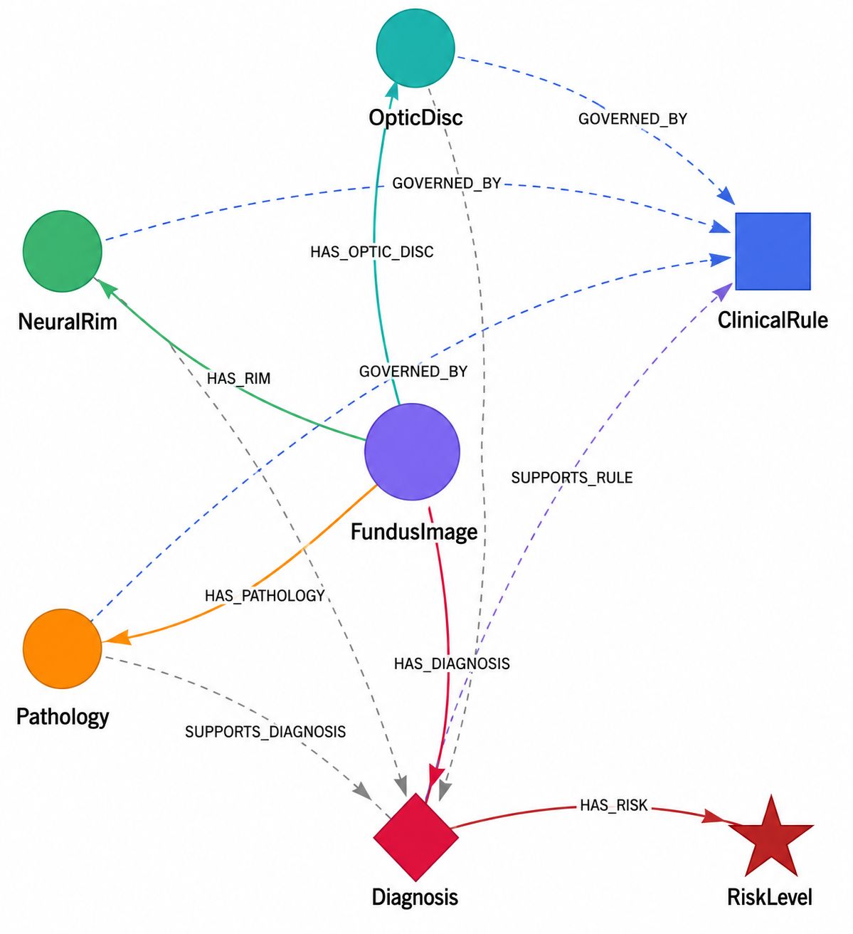 Figure 2: GlaKG entity-relation schema. Node shapes denote entity types: circles (FundusImage, OpticDisc, NeuralRim, Pathology), diamond (Diagnosis), star (RiskLevel), square (ClinicalRule). Solid edges represent structural relations; dashed edges represent inference relations.
