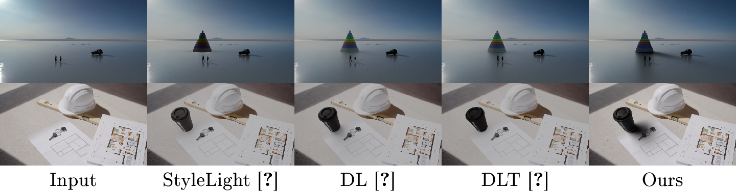 Figure 6: Qualitative comparison of virtual object insertion. We compare our method against StyleLight [20], DiffusionLight [14], and DiffusionLightTurbo [44]. To ensure a fair comparison, we use the dynamic HDR environment map sequence estimated by each method to illuminate a virtual object within a fixed 3D scene. The first column displays the input video frame, followed by the rendered results from each competing method and our own. Our estimated lighting produces a more physically plausible result, enabling seamless integration of the virtual object. Note the superior quality of the specular highlights and the accurate rendering of both hard and soft cast shadows.