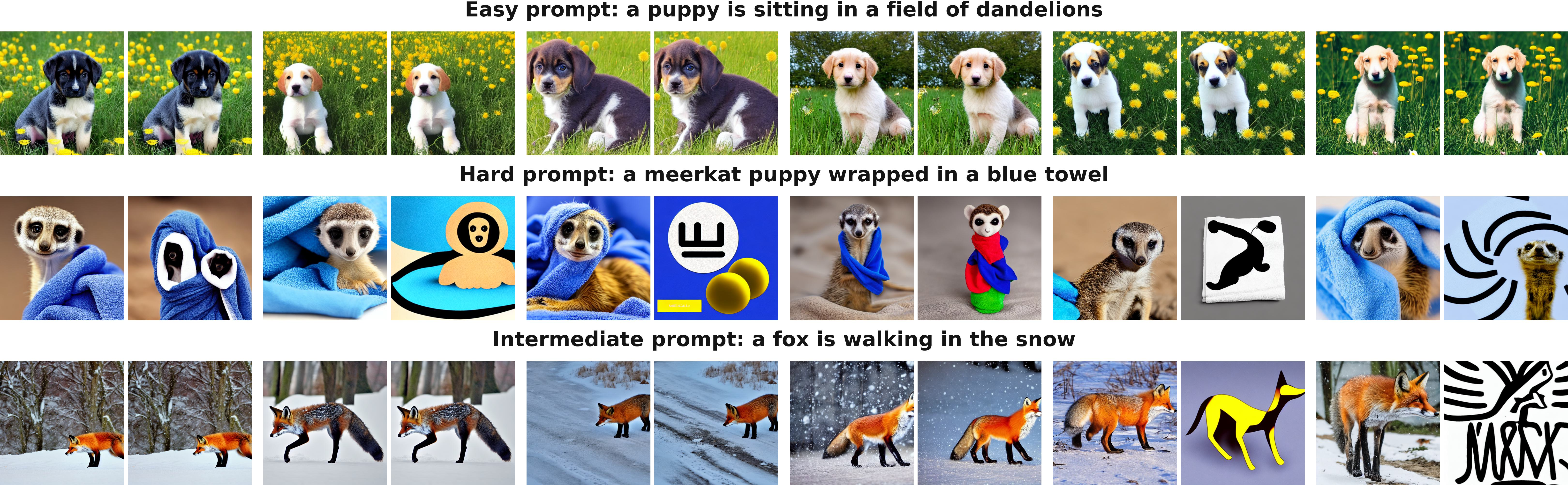 Figure 2: Qualitative examples of easy, hard, and intermediate prompts. Each row fixes one prompt and shows six generated–reconstructed pairs from different randomly sampled initial latents, with the generated image on the left and the FPI reconstruction on the right. From top to bottom: easy prompts reconstruct for most latents, hard prompts fail for most latents, and intermediate prompts succeed or fail depending on the initial latent.