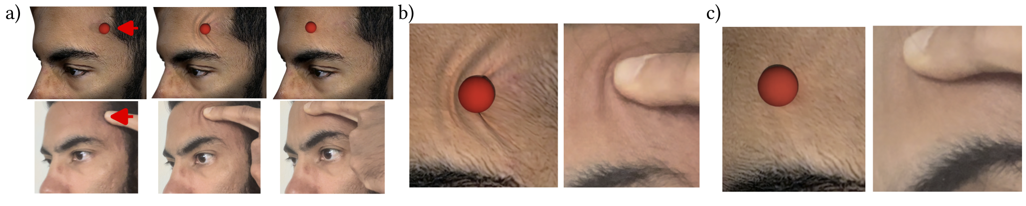 Figure 8: Comparison between forehead simulation and real-world reference. (a) Lateral displacement from the temple toward the center of the forehead; the simulation (top) captures the localized buckling and wrinkle accumulation seen in the video reference (bottom). (b) and (c) Medial displacement from the temple toward the center of the forehead. In (b), high-frequency wrinkles emerge in the lateral region where ligaments are moderately attached, whereas in (c), these wrinkles vanish as the skin reaches the strongly attached central region.