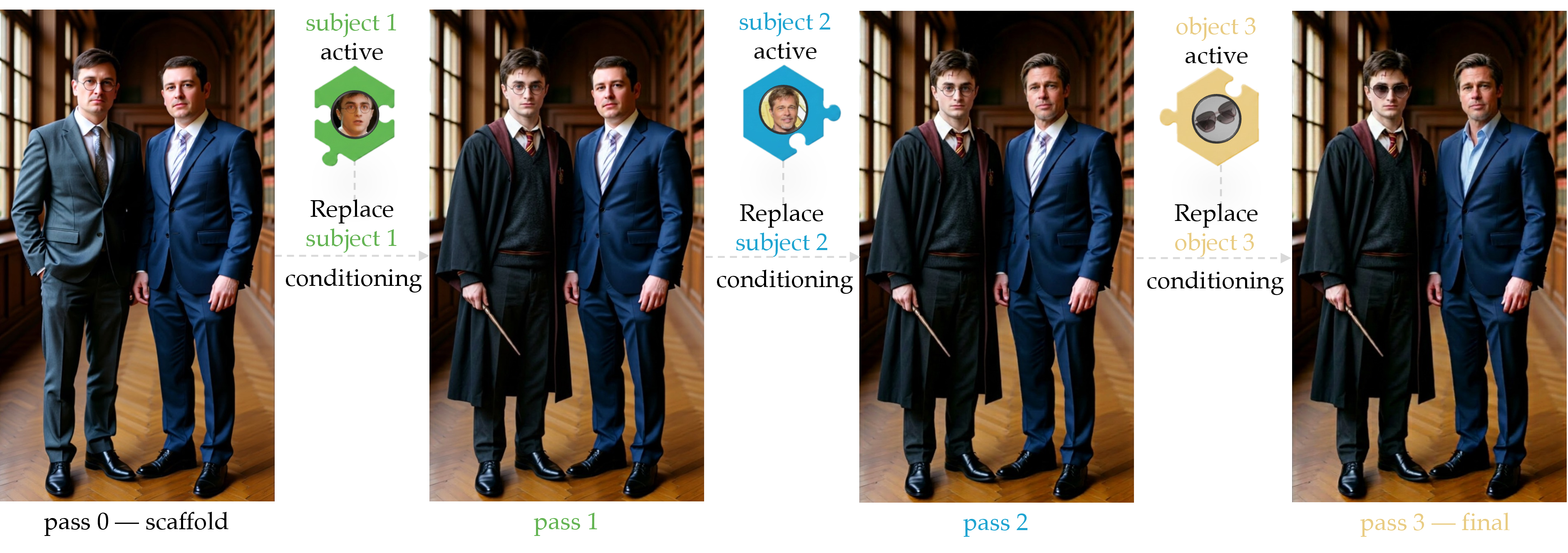 Figure 2: Cascaded inference (scaffold configuration). Given an image (natural or generated), each concept is then added in its own pass with only its adapter active, conditioned on the frozen image of the concepts placed so far. No two adapters are active together, and earlier concepts and the background are preserved as later ones are added; the final pass adds a non-person concept (sunglasses), showing that the procedure composes objects and attributes as well as identities.