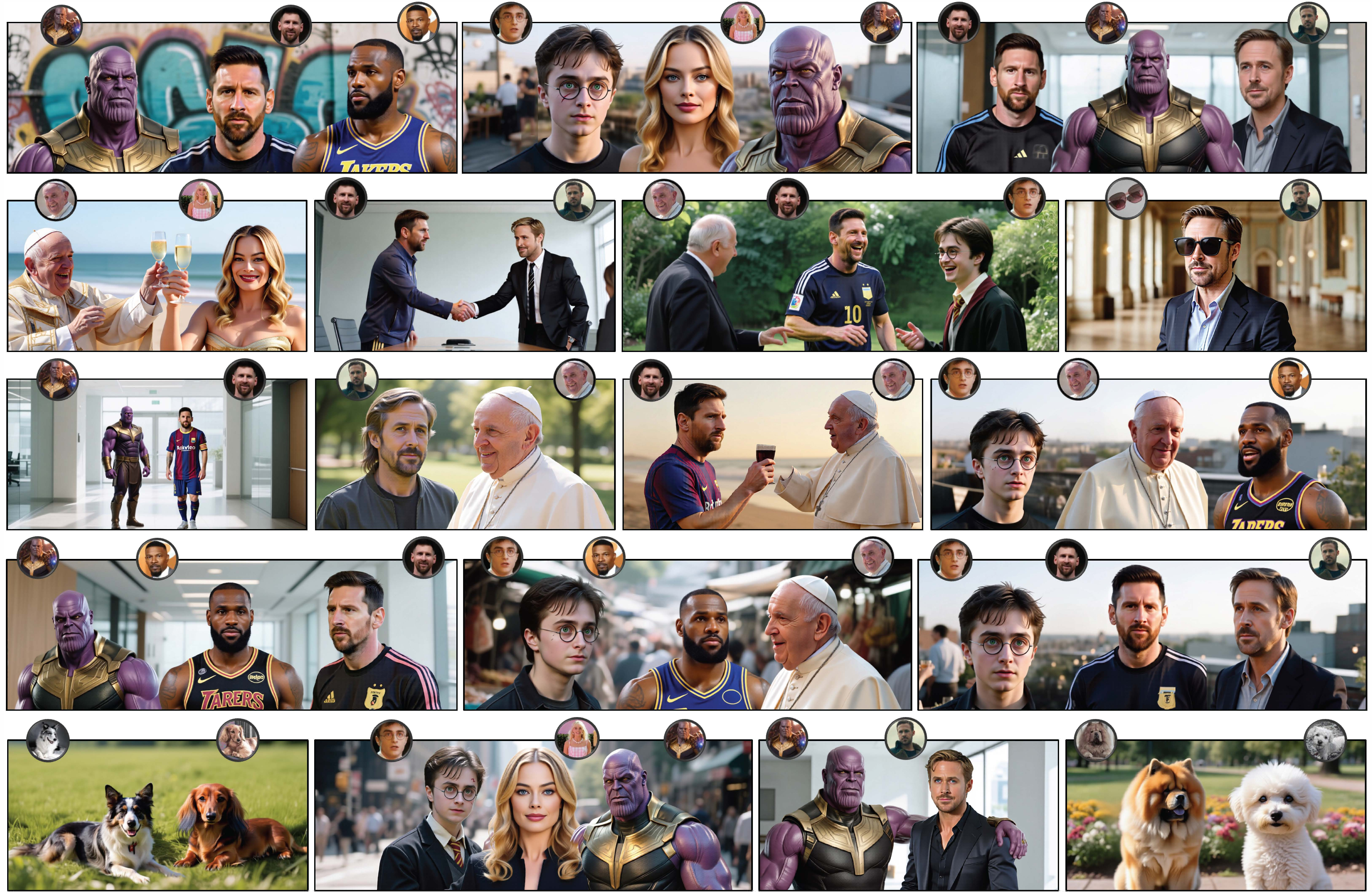 Figure 6: Additional multi-subject compositions produced by LILAC. Each panel shows one generated scene; the circular thumbnails above it are the reference identities of the composed concepts, one per subject. The examples span two to three subjects and mix real public figures, stylized fictional characters, and animals, placed across varied scenes, styles, and interactions (side by side, shaking hands, toasting, conversing).