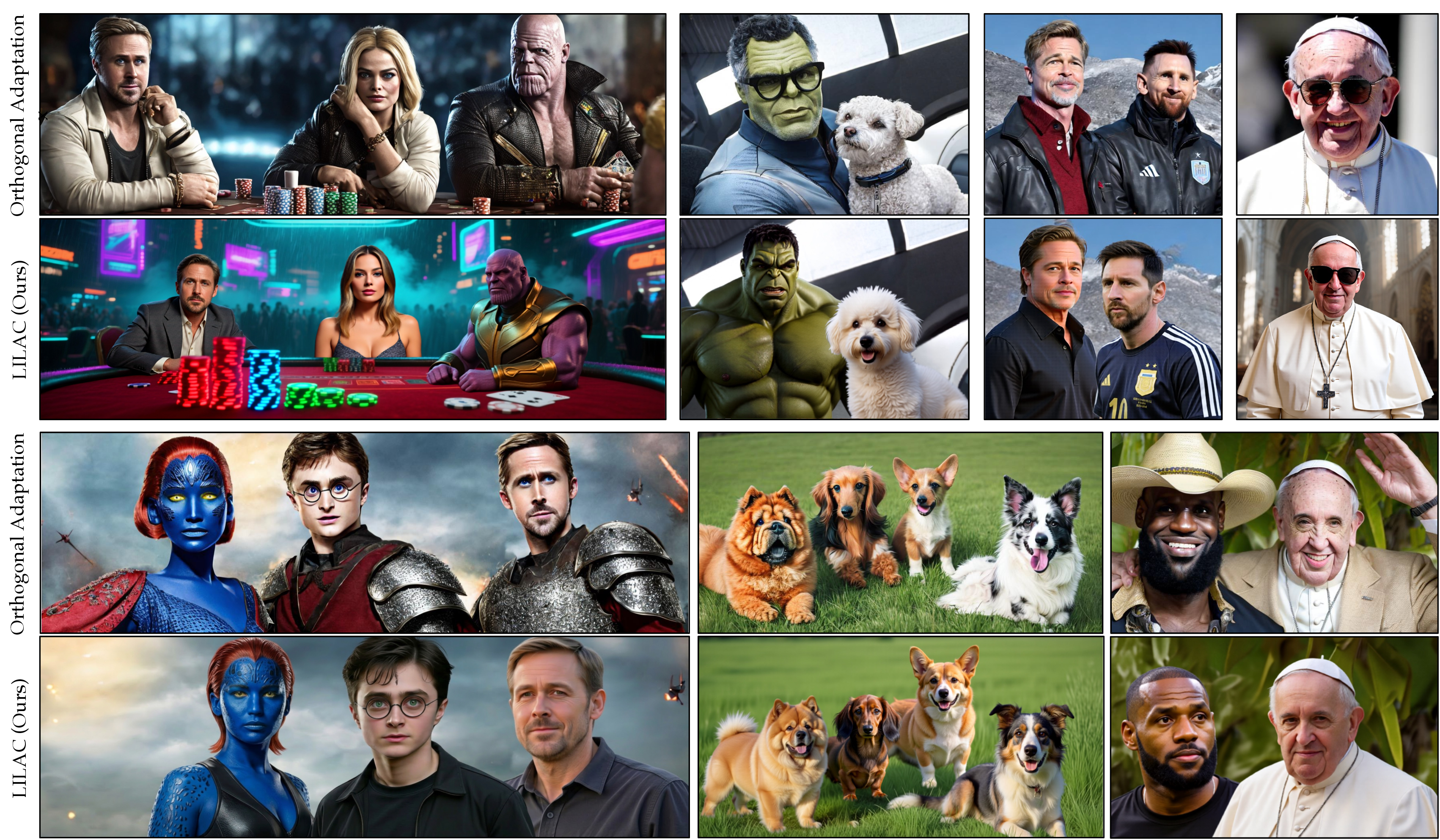 Figure 5: Qualitative multi-subject comparison on the Orthogonal Adaptation concept bank [3]. Each pair of rows shows Orthogonal Adaptation [3] (top) and LILAC in its scaffold configuration (bottom) on the same prompt. The groups vary in size and combine a broad range of concepts, including real public figures, stylized fictional characters, animals, and accessories, placed in diverse scene contexts.