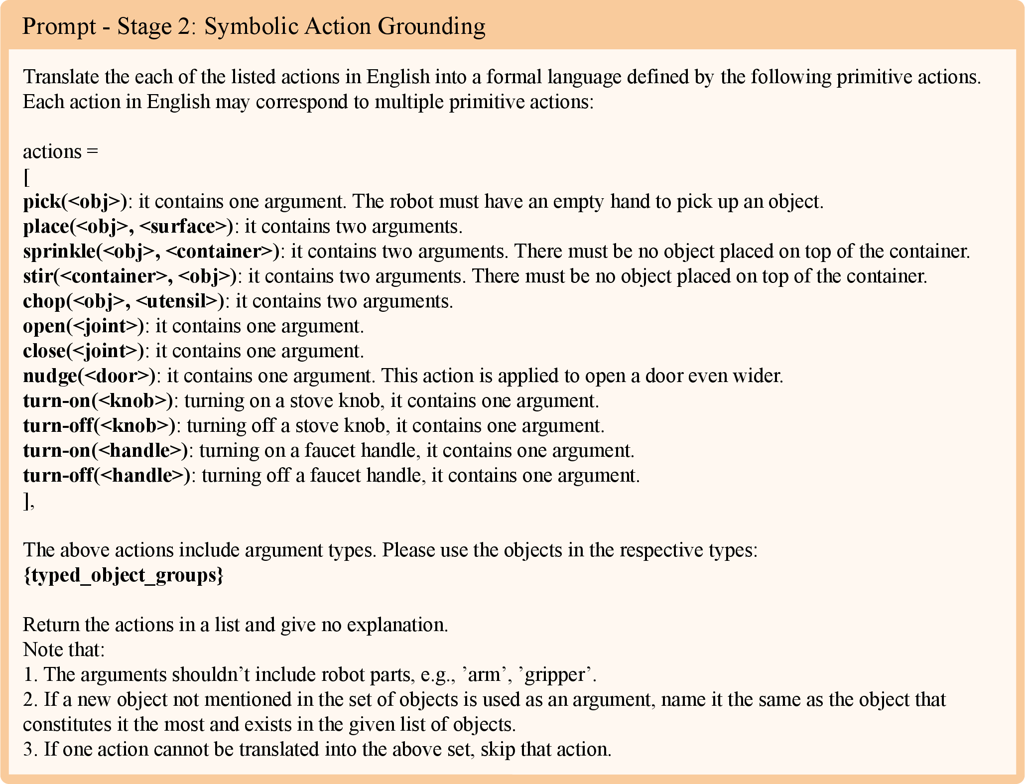 Figure 32: Step 2: Symbolic action grounding. The natural-language plan from Step 1 is translated into a sequence of typed primitive actions selected from a fixed action library, using only the objects listed under their respective argument types.