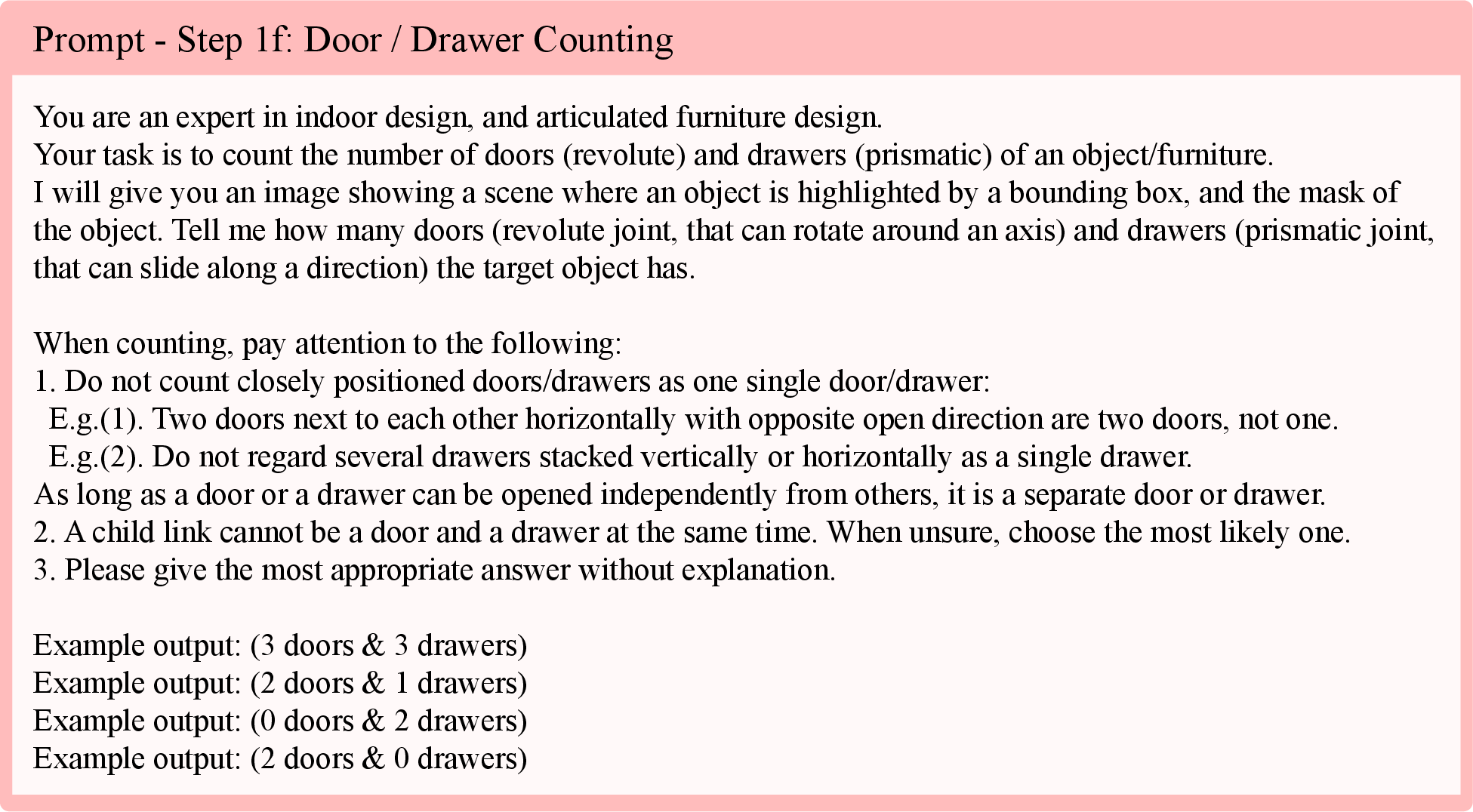 Figure 27: Step 1f: Door and drawer counting. For each articulated object, the VLM counts its doors and drawers.