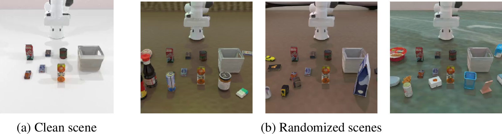 Figure 15: Examples of clean and randomized RoboTwin 2.0 scenes.